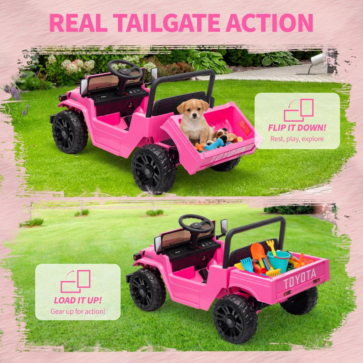 12V Licensed Toyota Ride-On Pickup Truck, Electric Ride-On Car with Remote Control, Lift-Up Dump Bed, Suspension, Bluetooth, Music, 3.73 MPH