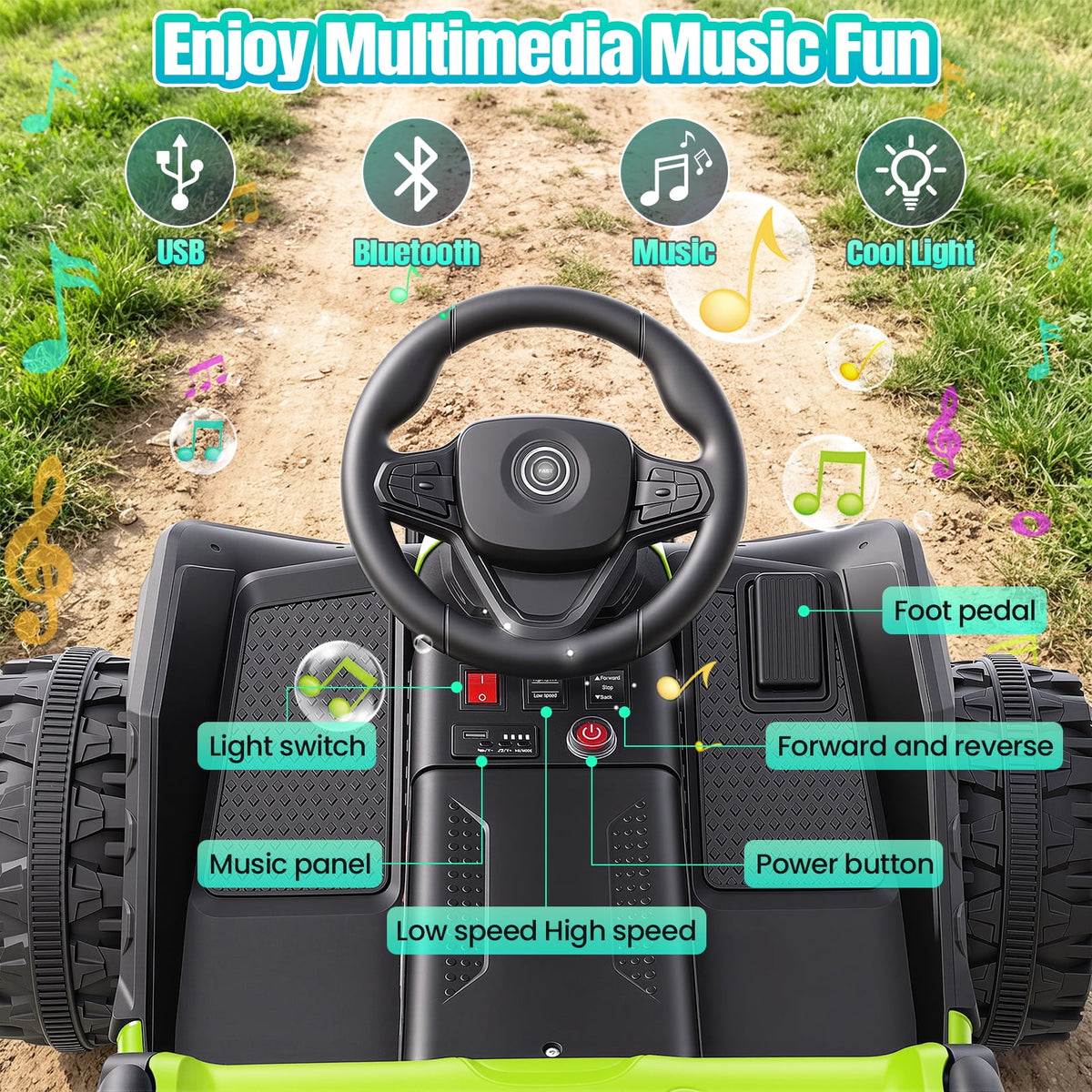 VIBESPARK 24V Ride on Toys with Remote Control, 3 in 1 Ride on Car, Ride on ATV for Kids with Trailer, 6 Wheel Kids Electric Car w/ Bluetooth, MP3, Music, Black