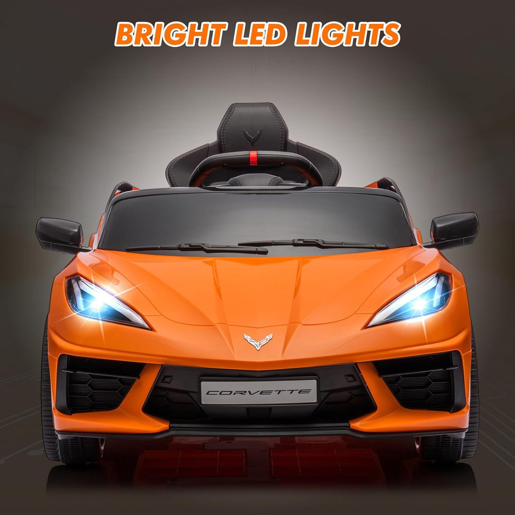 12V Licensed Corvette C8 Ride-On Electric Sports Car, Dual 30W Motors, Remote Control, LED Lights, Music, Openable Doors, 66 lbs