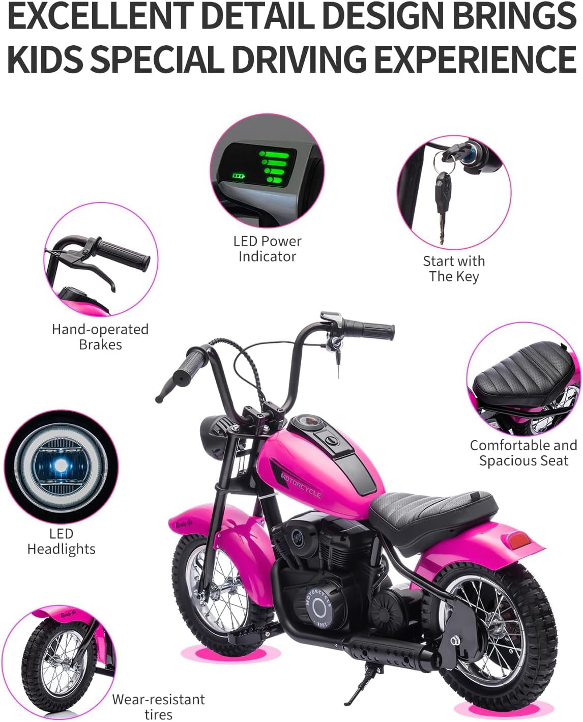 24V Electric Dirt Bike, 300W Chain-Driven Motor, Up to 15 MPH, 2-Speed, 10-Mile Range, 12" Air-Filled Rubber Tires, Leather Seat, Hand Brake, LED Lights, 150 Lbs