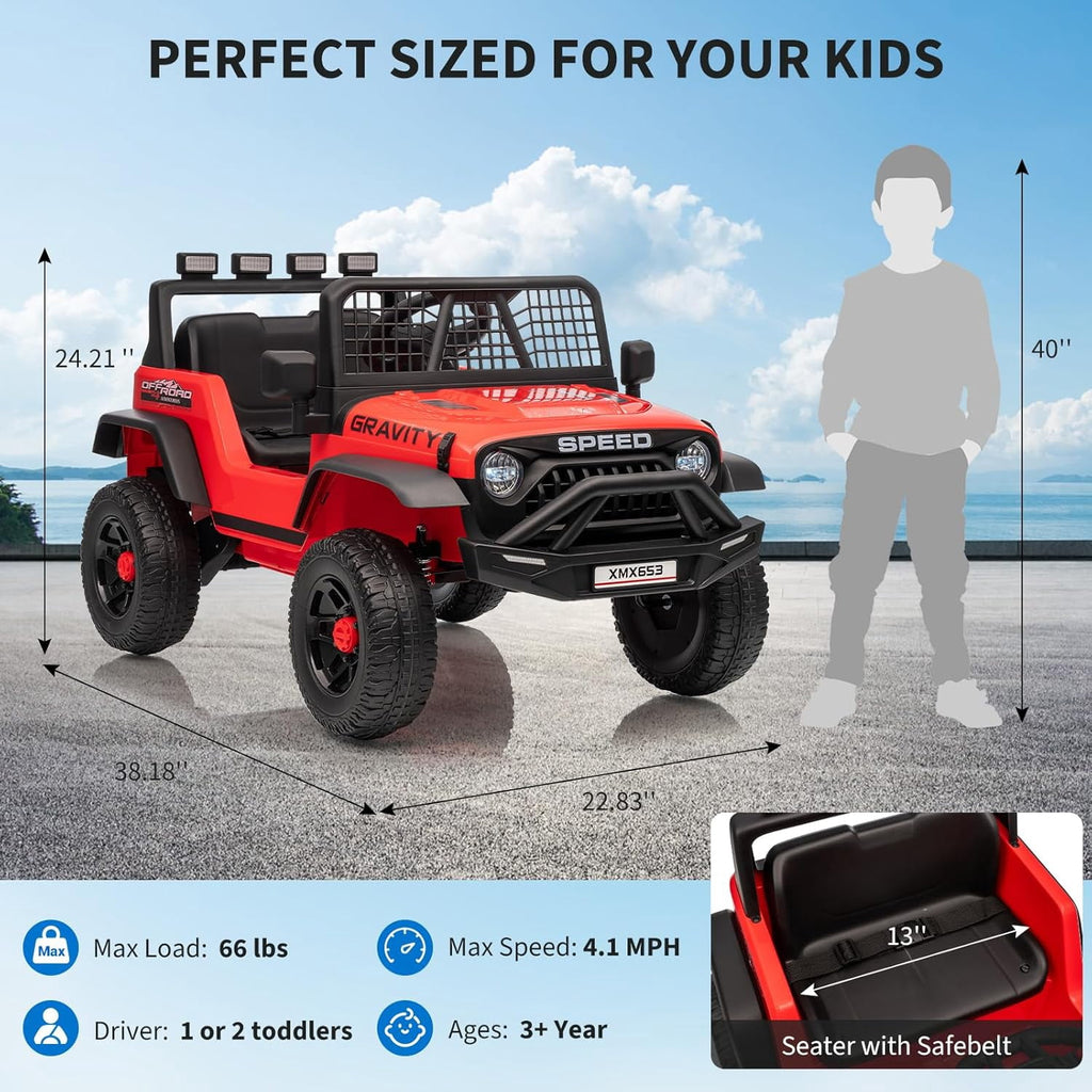 12V Ride-On Electric Car with Remote Control, Extra-Wide 13" Seat, 3 Speeds, 1.6-4.1 MPH, LED Lights, Music, USB, Safety Belt
