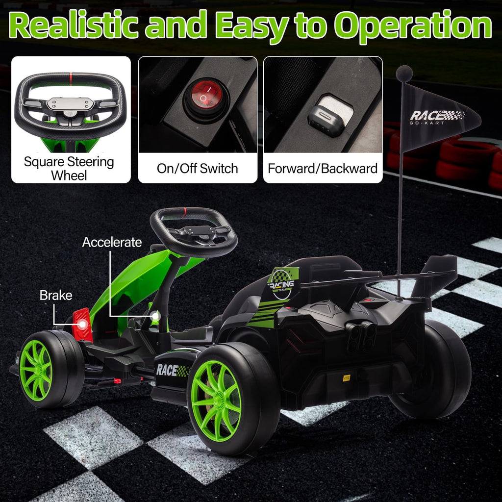 24V Kids Ride-On Go Kart, 7.5MPH High-Speed Drifting Car, Dual 200W Motors, 7Ah Battery, Adjustable Length, Max Load 135lbs, Power Display Racing Toy for Children 6+, Green