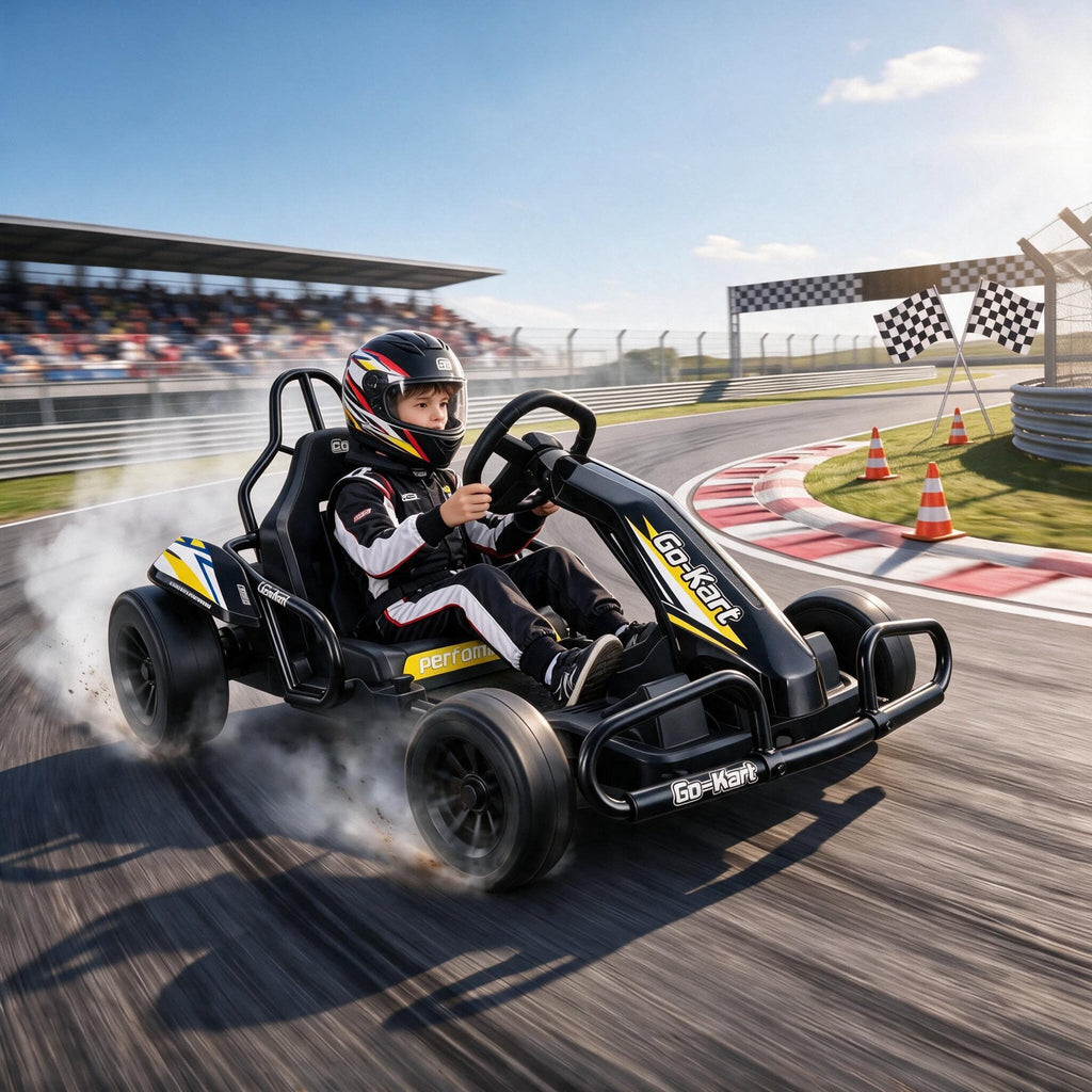 VIBESPARK Drift Go Kart, 24V 10AH Electric Go Kart for Kids Ages 6-14, 360° Drift Mode, Ride On Car with Backrest & Adjustable Seat, 300W Dual Motors, Max Speed 7.5mph/h, Blue