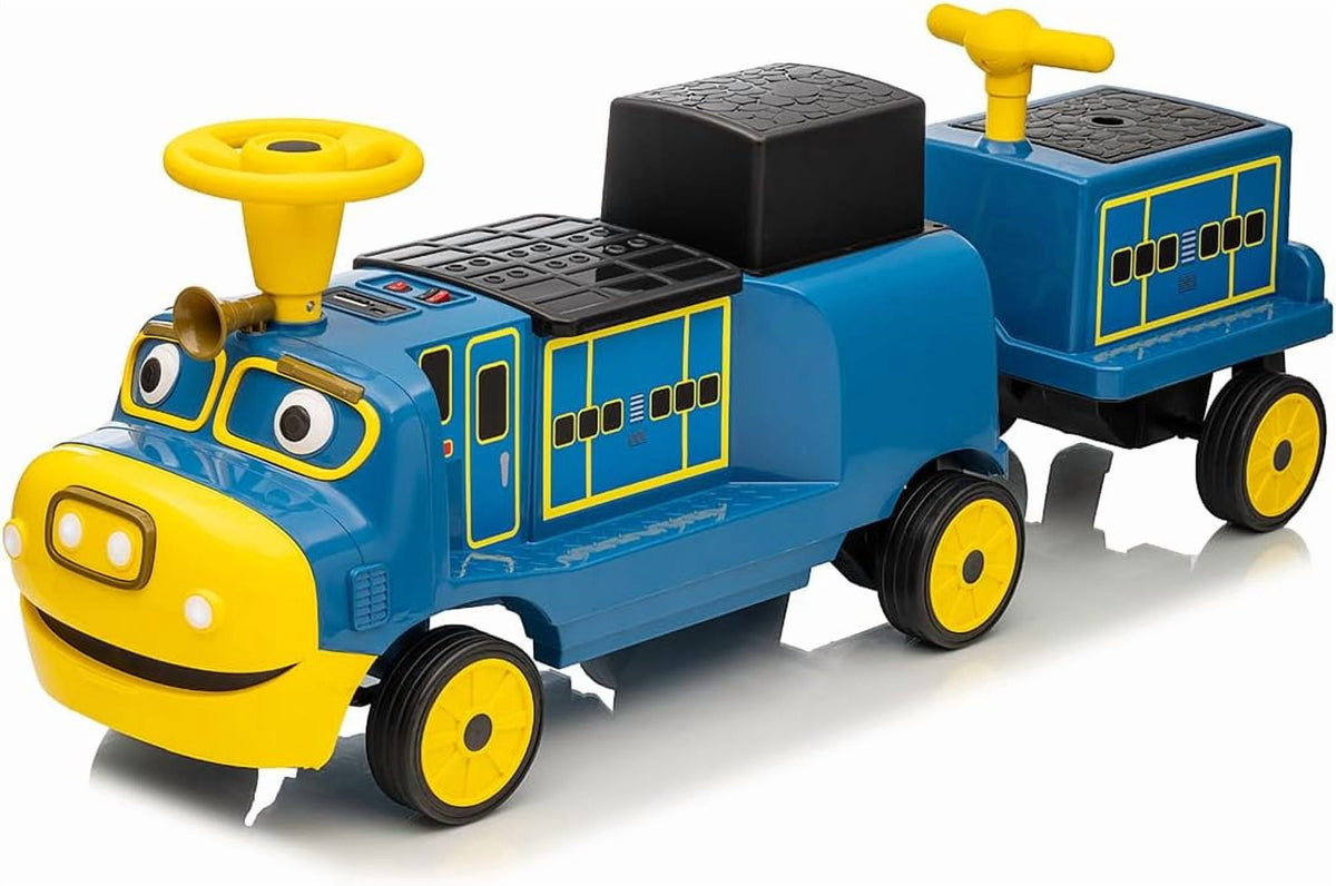 2 Seater Trackless Ride On Train, 12V Electric Ride On Car with Adjustable Seat, Carriage Included, Music, LED Lights, Storage Space, 2 Speed Modes