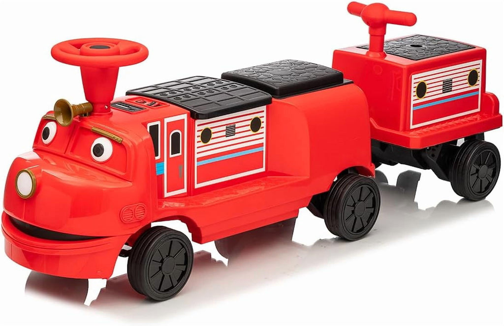2 Seater Trackless Ride On Train, 12V Electric Ride On Car with Adjustable Seat, Carriage Included, Music, LED Lights, Storage Space, 2 Speed Modes