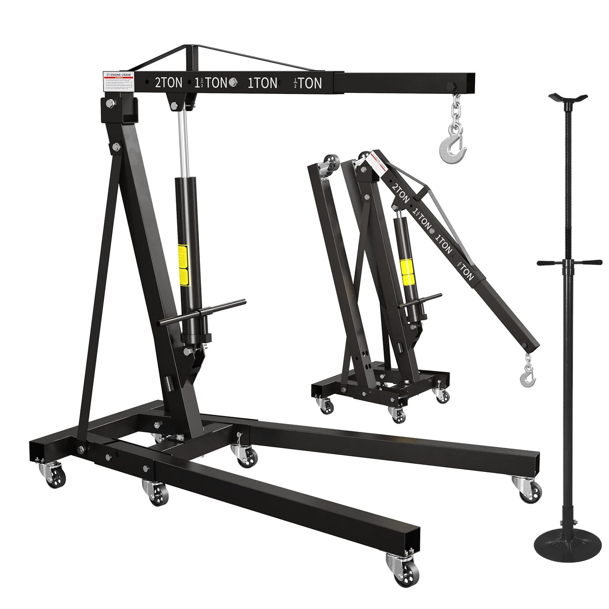 2 Ton Folding Hydraulic Engine Hoist & 3/4 Ton Underhoist Support Stand Set – Heavy Duty Steel Shop Crane, 4-Position Boom, High Reach for Automotive Engine Work, Orange (RAL2004)