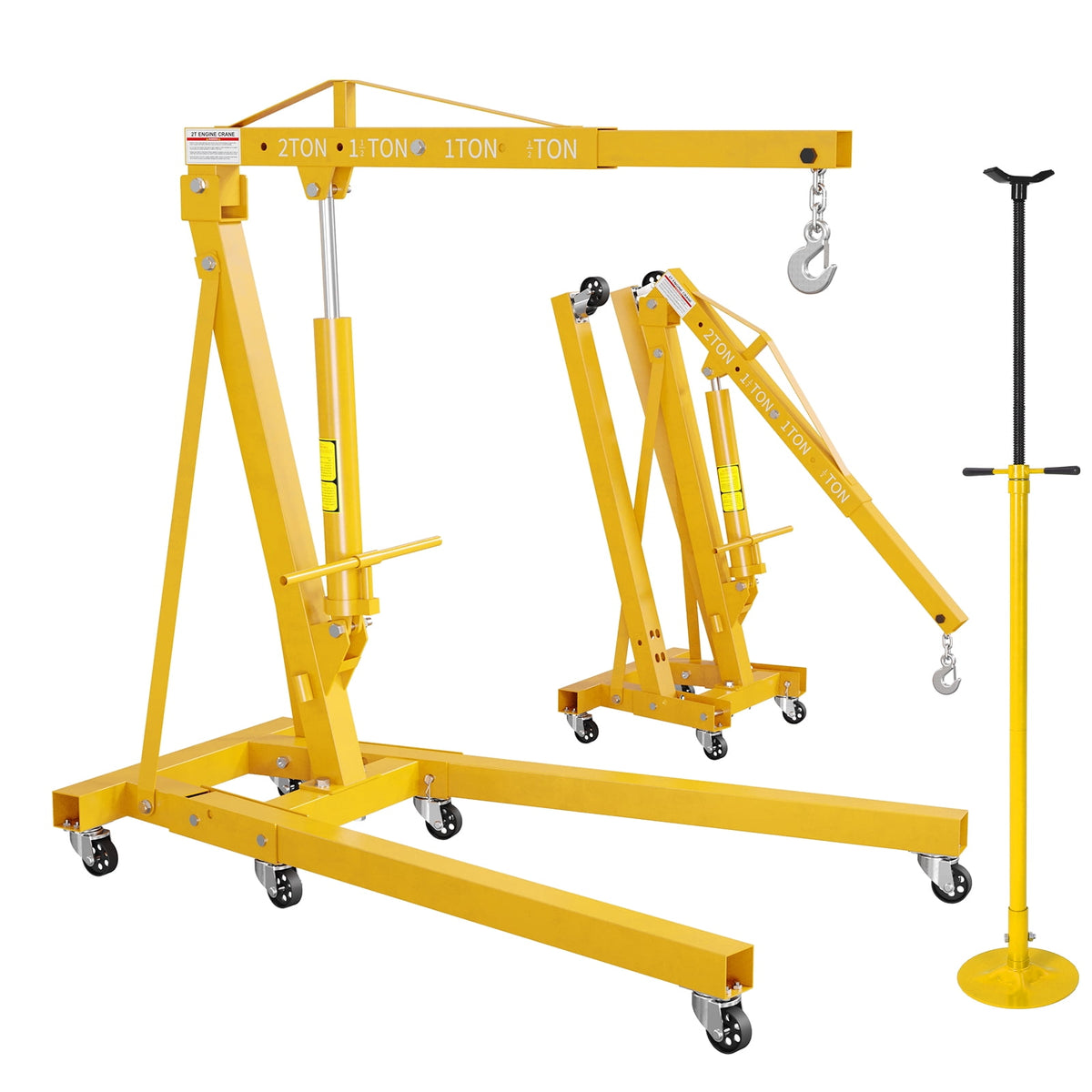 2 Ton Folding Hydraulic Engine Hoist & 3/4 Ton Underhoist Support Stand Set – Heavy Duty Steel Shop Crane, 4-Position Boom, High Reach for Automotive Engine Work, Orange (RAL2004)