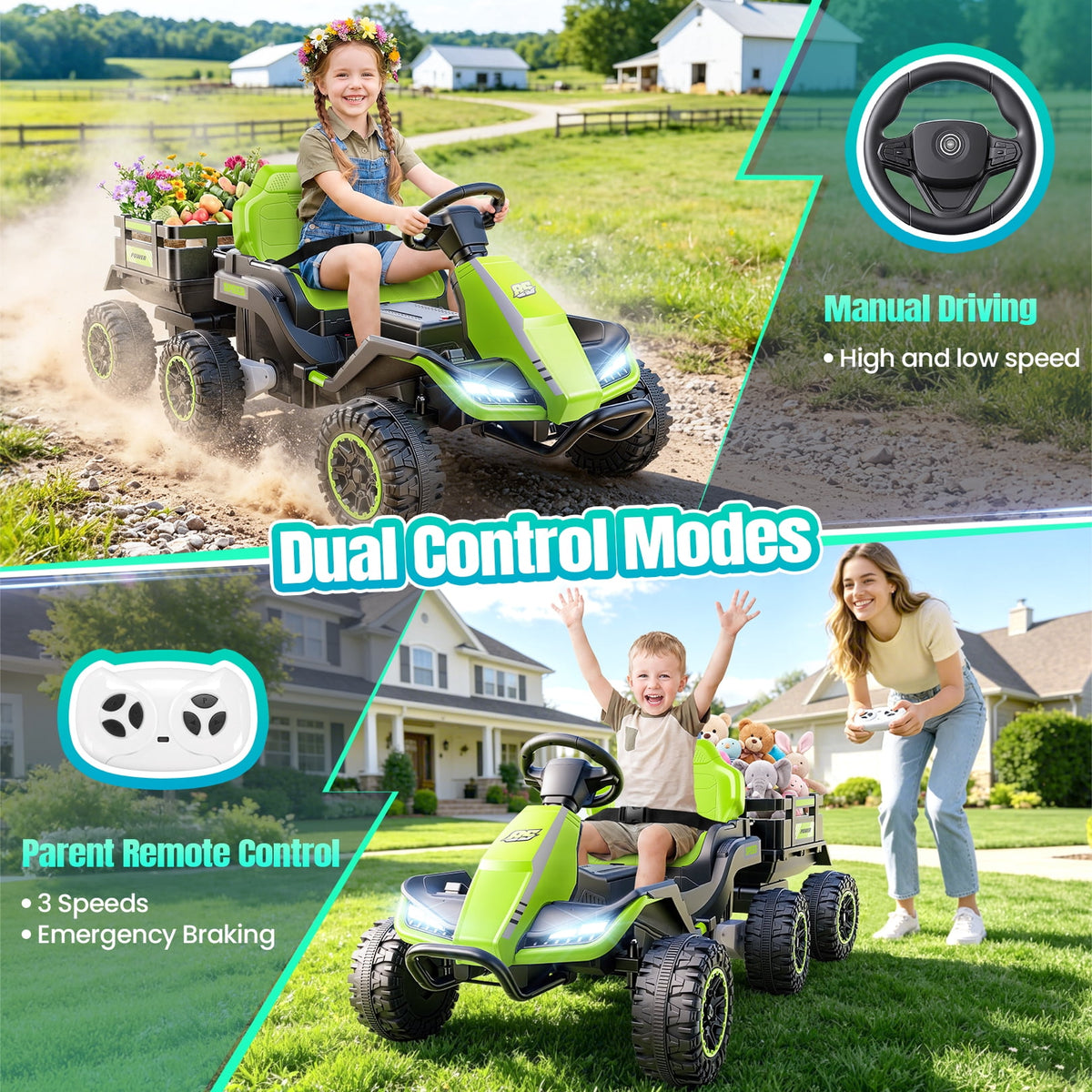 VIBESPARK 24V Ride on Toys with Remote Control, 3 in 1 Ride on Car, Ride on Tractor for Kids with Trailer, 6 Wheel Kids Electric Car w/ Bluetooth, MP3, Music, Green