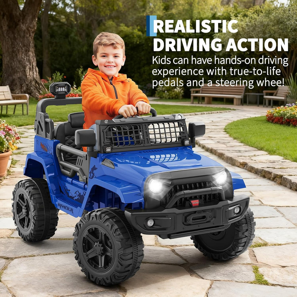 12V Electric Ride On Car with Remote Control, Off Road Ride On Vehicle with Bluetooth, LED Lights, Spring Suspension, Adjustable Seat Belt, All Terrain Tires, 61 lbs Capacity