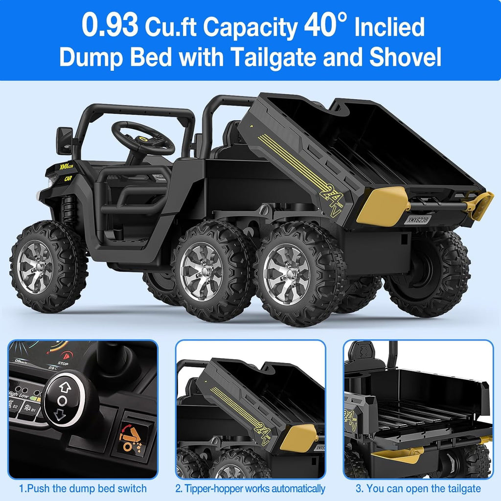24V 4WD Electric Ride-On Dump Truck for , 2-Seater UTV with Remote Control, Bluetooth Music, Seatbelts, LED Lights, Mobile Phone Connectivity, Double Seat 6 Wheel Truck for Ages 3-8,Green