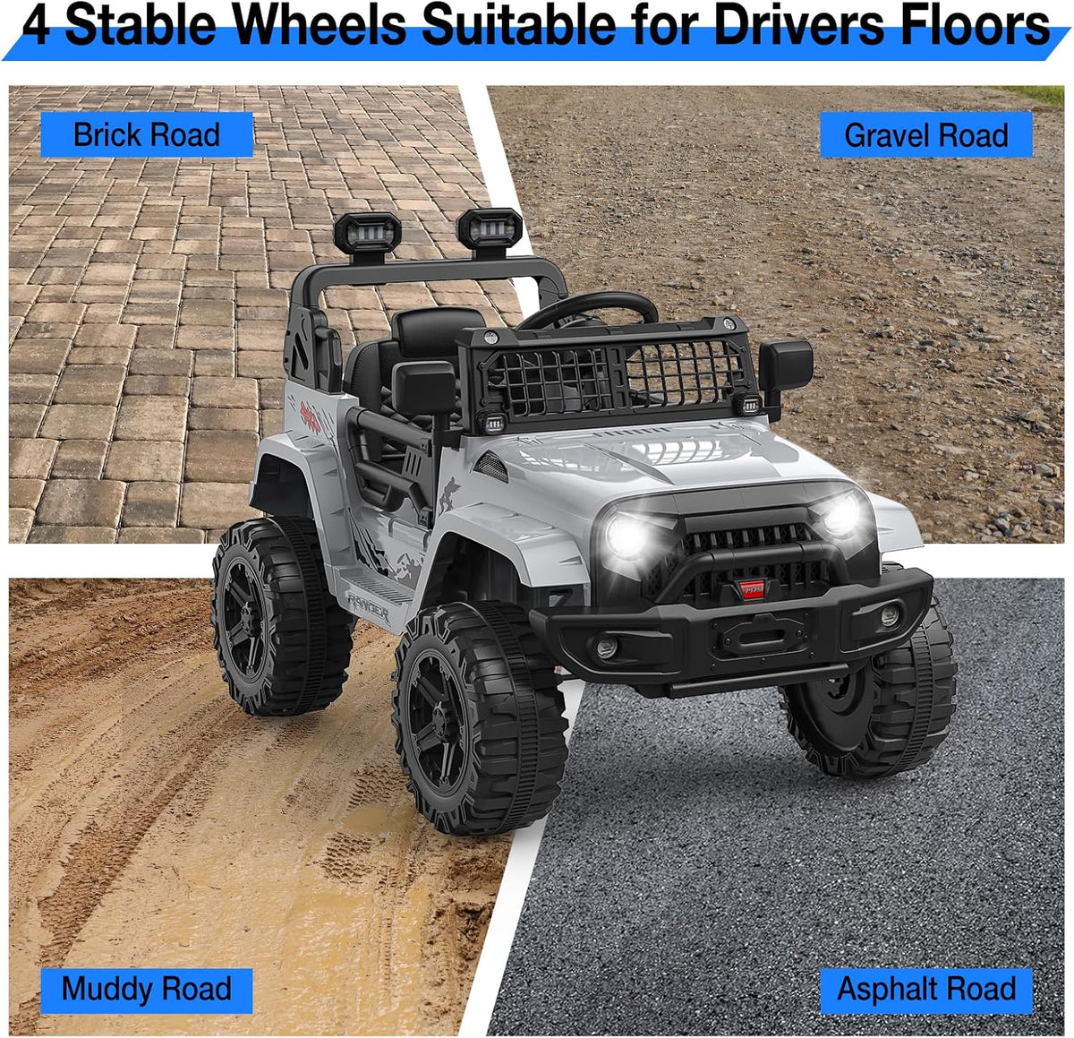 12V Electric Ride On Car with Remote Control, Off Road Ride On Vehicle with Bluetooth, LED Lights, Spring Suspension, Adjustable Seat Belt, All Terrain Tires, 61 lbs Capacity