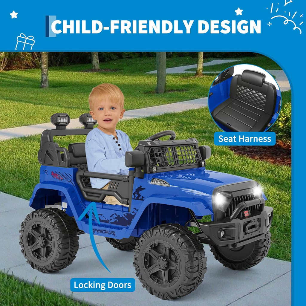 12V Electric Ride On Car with Remote Control, Off Road Ride On Vehicle with Bluetooth, LED Lights, Spring Suspension, Adjustable Seat Belt, All Terrain Tires, 61 lbs Capacity