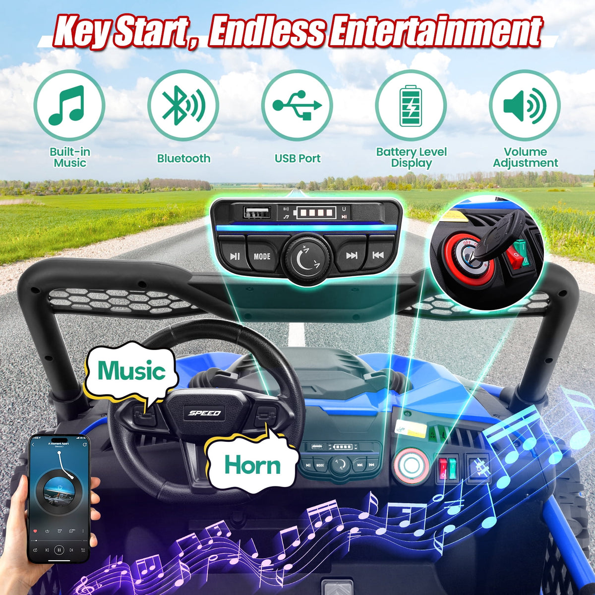 Funcid Metal Frame 24 Volt Ride on Toys, 2-Seater Ride on Cars with Remote Control, Electric Car for Kids, Power UTV Wheels with Key Start, Storage Bag, Bluetooth, Music, Spring Suspension, Pink
