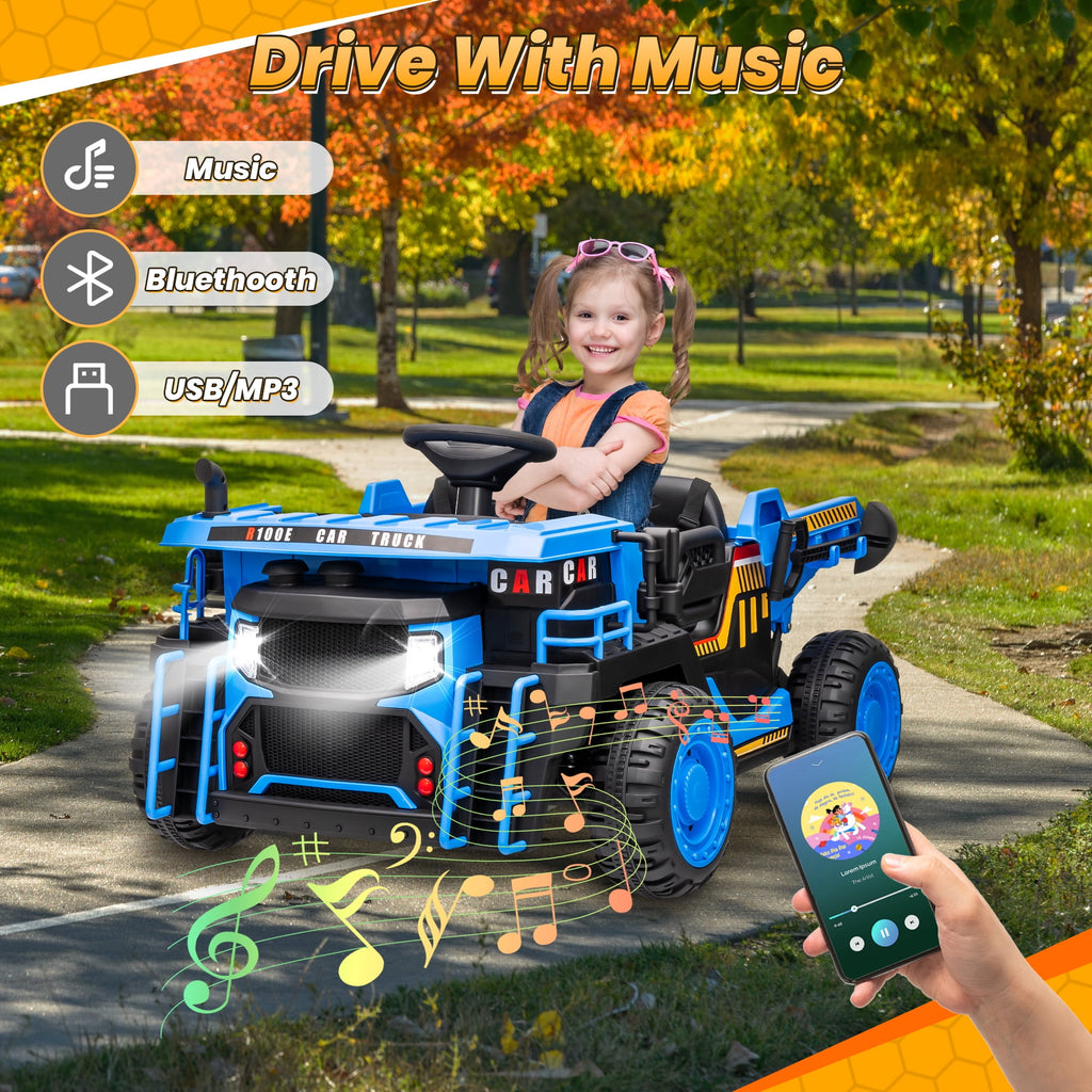 Funride 24V Ride on Toys 2 Seater Ride on Dump Truck w/ Remote Control w/ Dump Bed, 3 Speeds, Shovel, Bluetooth/Music, Big Kids, Yellow
