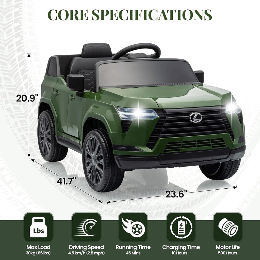 Officially Licensed Lexus GX550 12V Electric Ride-On Car with Parent Remote Control, Dual Motors, 4-Wheel Suspension, LED Lights, Music & Stories, Lockable Doors, Seat Belt, Ages 3-8,Green
