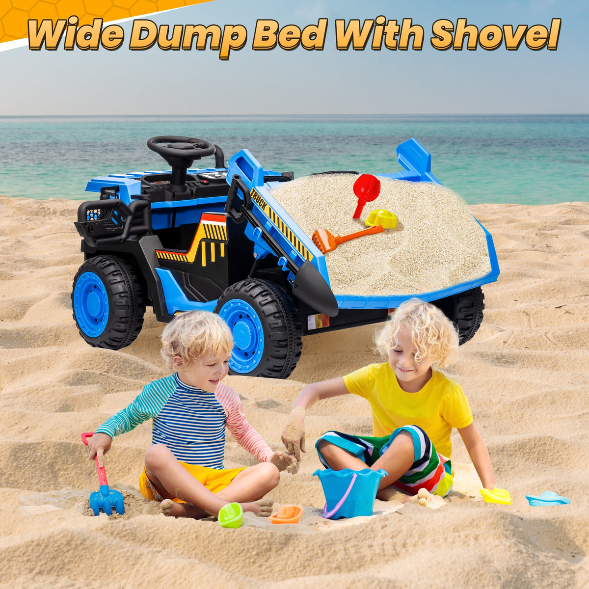 24 Volt Ride on Toys w/ Remote Control, 2*200W Strong Motor, Electric Powered Ride on Dump Truck with Shovel, 3 Speeds, LED Lights, MP3/USB Music, Blue