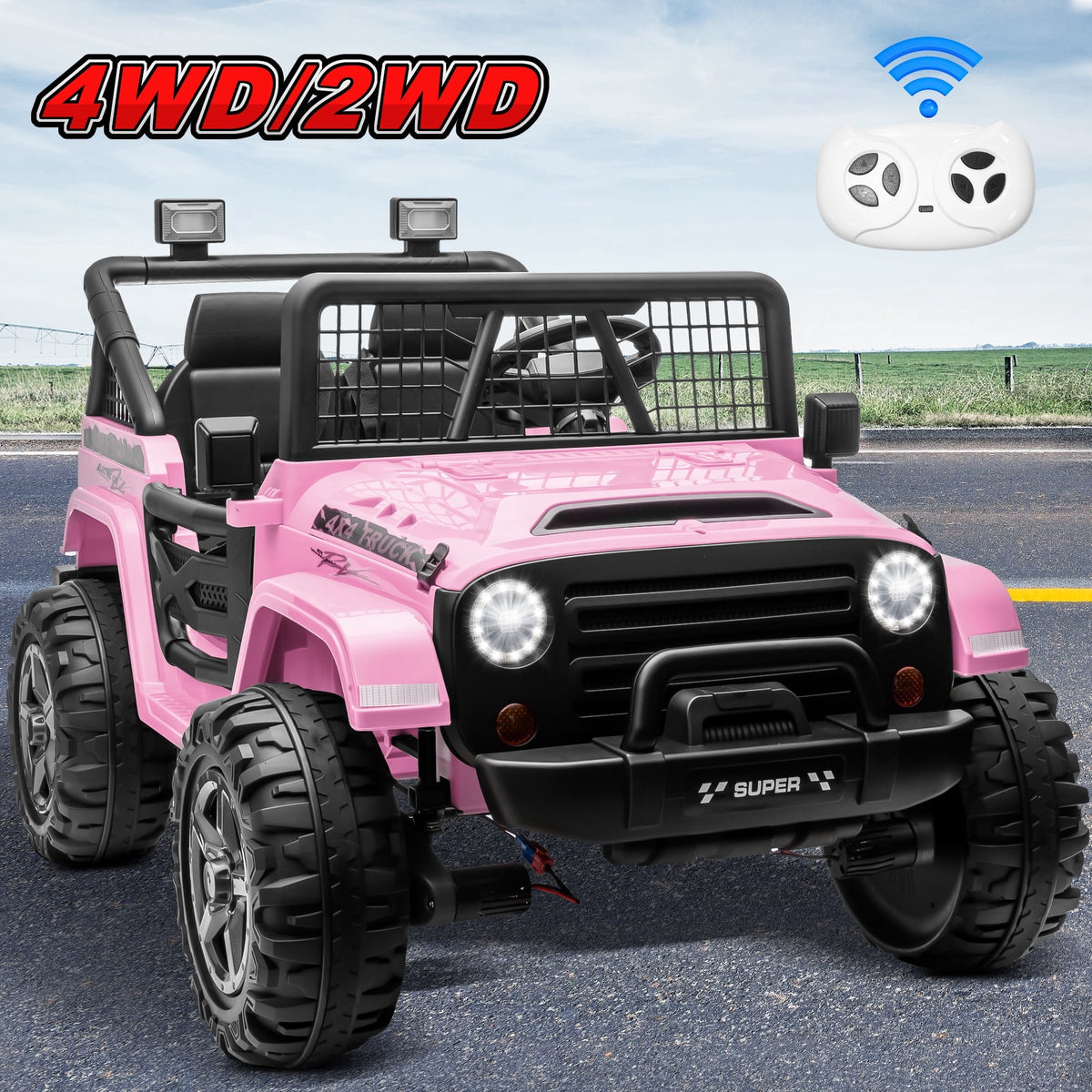 Funride 24 Volt Ride on Toys, 800W Electric Car for Kids with Remote Control, 4WD/2WD Switchable Power Car Wheels, 2-Seater Ride On Truck with Music, Bluetooth, Pink