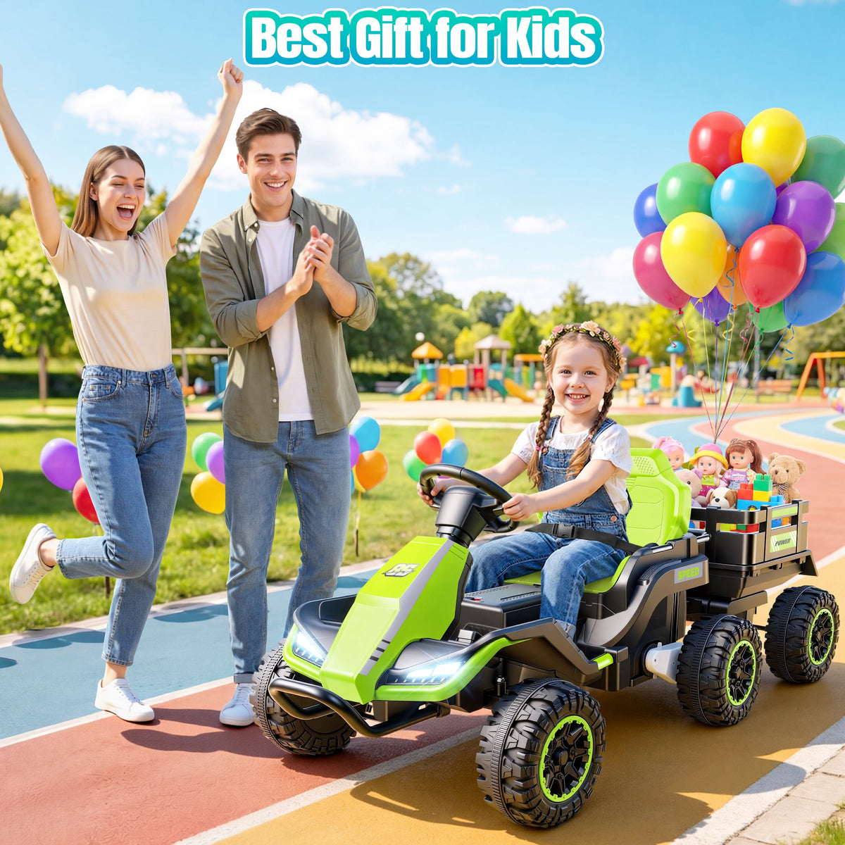 VIBESPARK 24V Ride on Toys with Remote Control, 3 in 1 Ride on Car, Ride on Tractor for Kids with Trailer, 6 Wheel Kids Electric Car w/ Bluetooth, MP3, Music, Green