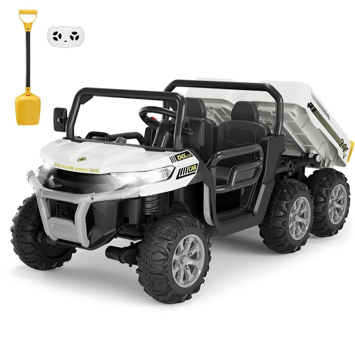 24V 2-Seater 6-Wheel Electric Dump Truck Ride-On for Kids – 4WD UTV Car, Remote Control, Electric Dump Bed, Music, Horn, Industry Standard/CPSIA Certified, Power Ride-On Toy for Boys & Girls