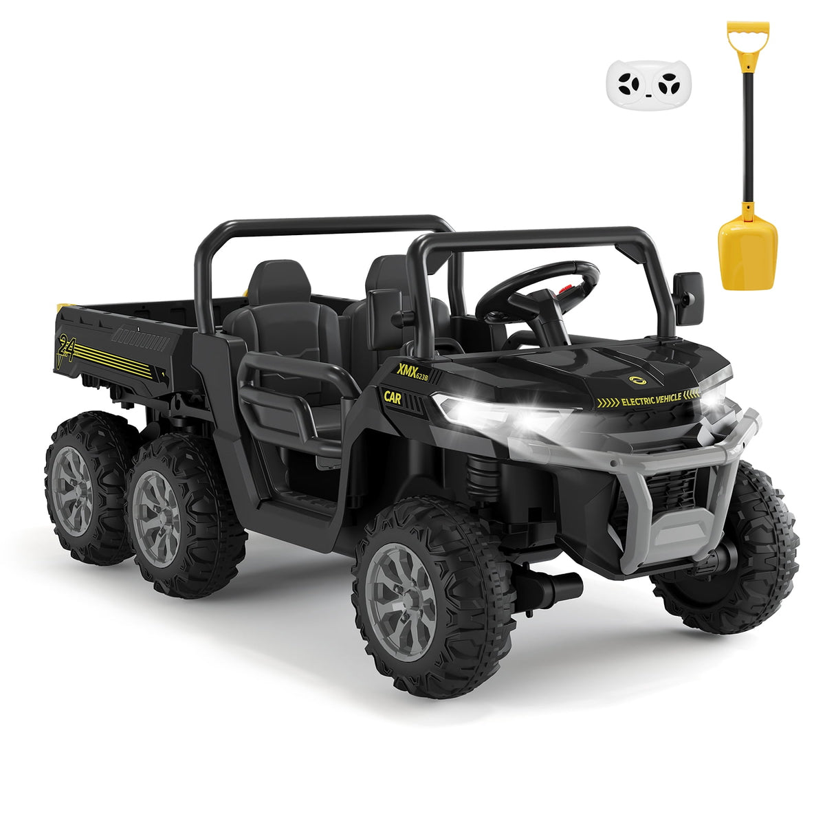 24V 2-Seater 6-Wheel Electric Dump Truck Ride-On for Kids – 4WD UTV Car, Remote Control, Electric Dump Bed, Music, Horn, Industry Standard/CPSIA Certified, Power Ride-On Toy for Boys & Girls