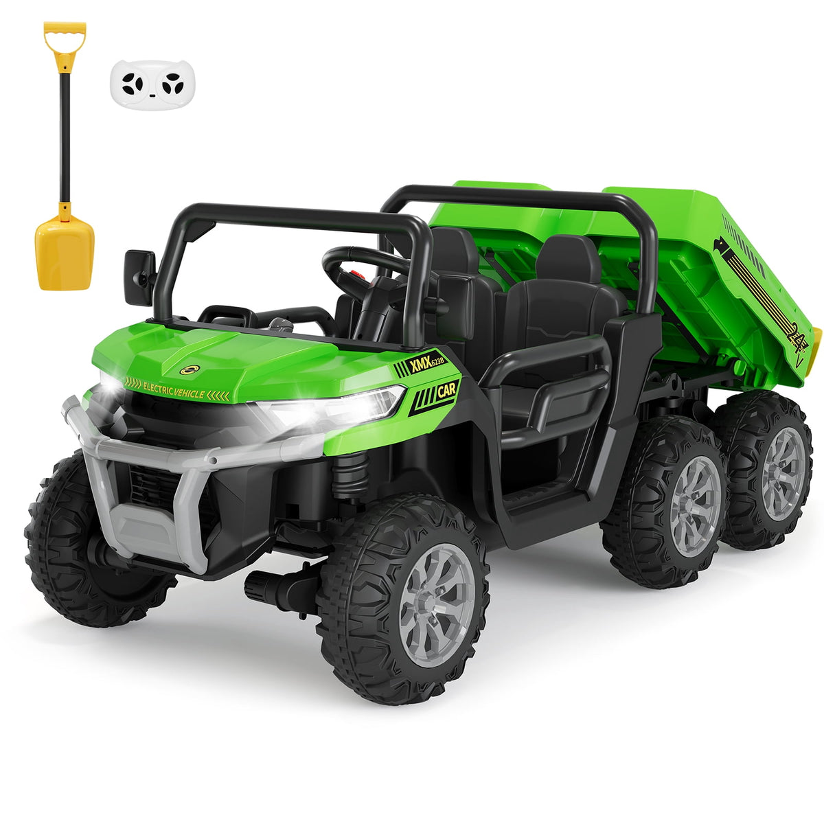 24V 2-Seater 6-Wheel Electric Dump Truck Ride-On for Kids – 4WD UTV Car, Remote Control, Electric Dump Bed, Music, Horn, Industry Standard/CPSIA Certified, Power Ride-On Toy for Boys & Girls