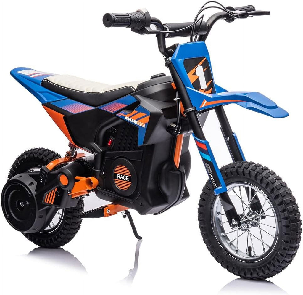 24V Electric Dirt Bike, 250W Brushed Motor, 13.6 MPH Max Speed, Chain Drive System, Disc Brake, Metal Spring Suspension, 12.6 Inch Pneumatic Tires, Leather Seat, 138 LBS Max Load,Blue