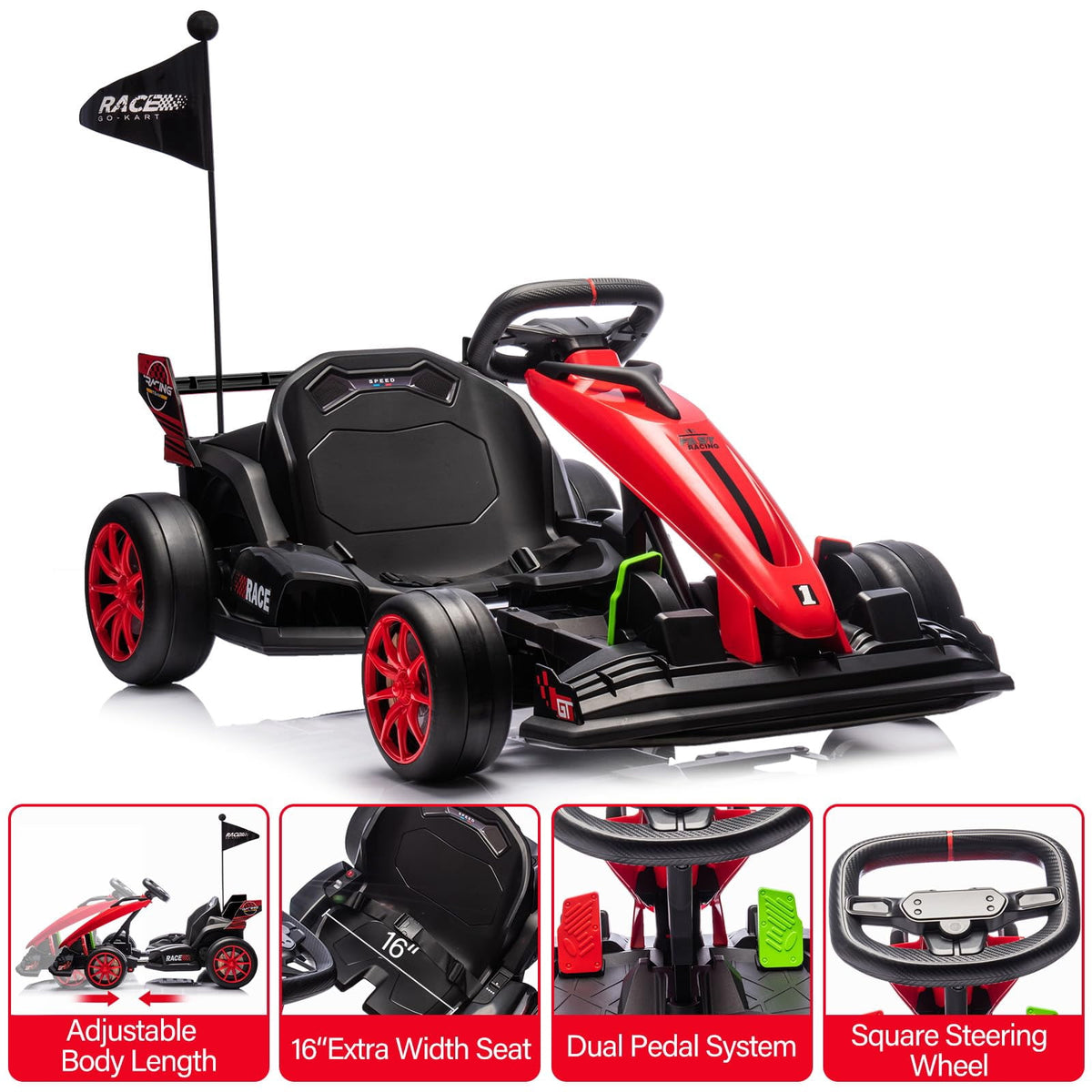 24V Kids Ride-On Go Kart, 7.5MPH High-Speed Drifting Car, Dual 200W Motors, 7Ah Battery, Adjustable Length, Max Load 135lbs, Power Display Racing Toy for Children 6+, Green