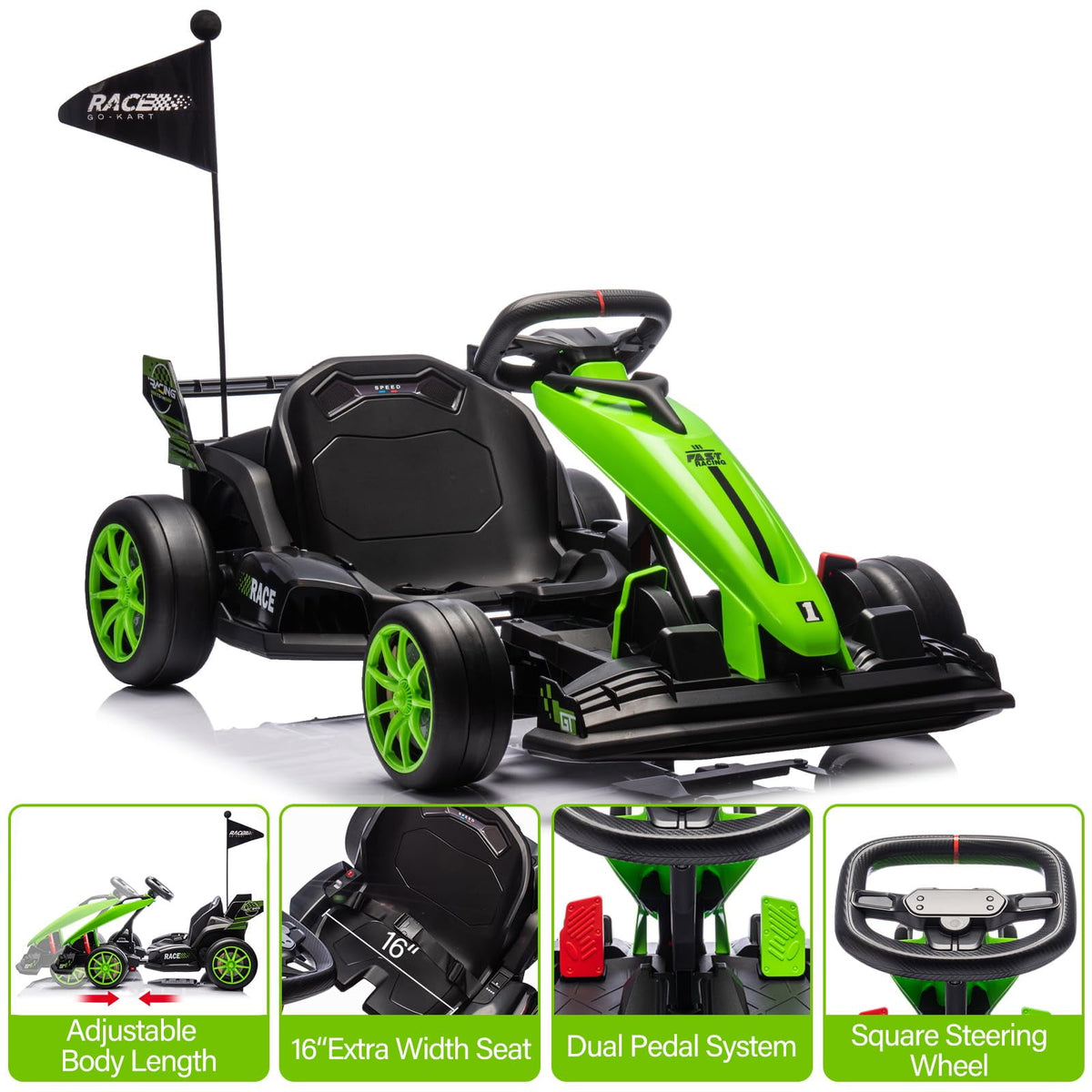 24V Kids Ride-On Go Kart, 7.5MPH High-Speed Drifting Car, Dual 200W Motors, 7Ah Battery, Adjustable Length, Max Load 135lbs, Power Display Racing Toy for Children 6+, Green