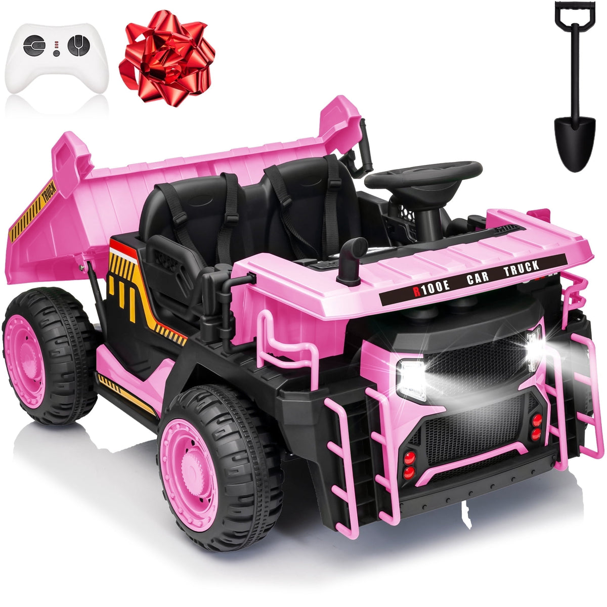 Funride 24V Ride on Toys 2 Seater Ride on Dump Truck w/ Remote Control w/ Dump Bed, 3 Speeds, Shovel, Bluetooth/Music, Big Kids, Yellow