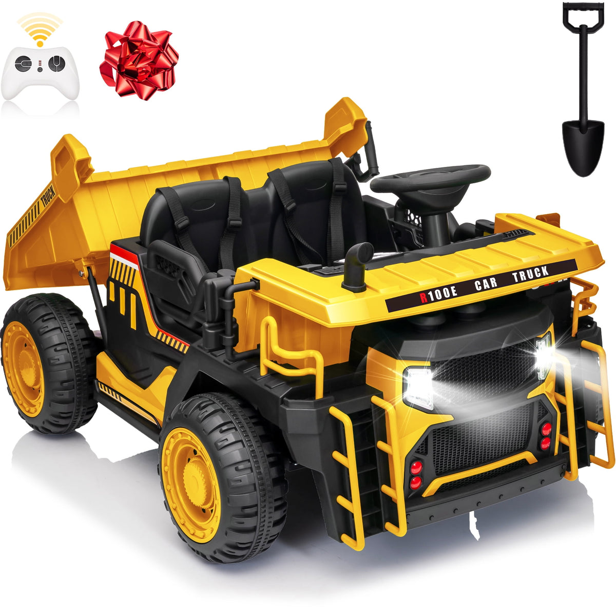 Funride 24V Ride on Toys 2 Seater Ride on Dump Truck w/ Remote Control w/ Dump Bed, 3 Speeds, Shovel, Bluetooth/Music, Big Kids, Yellow