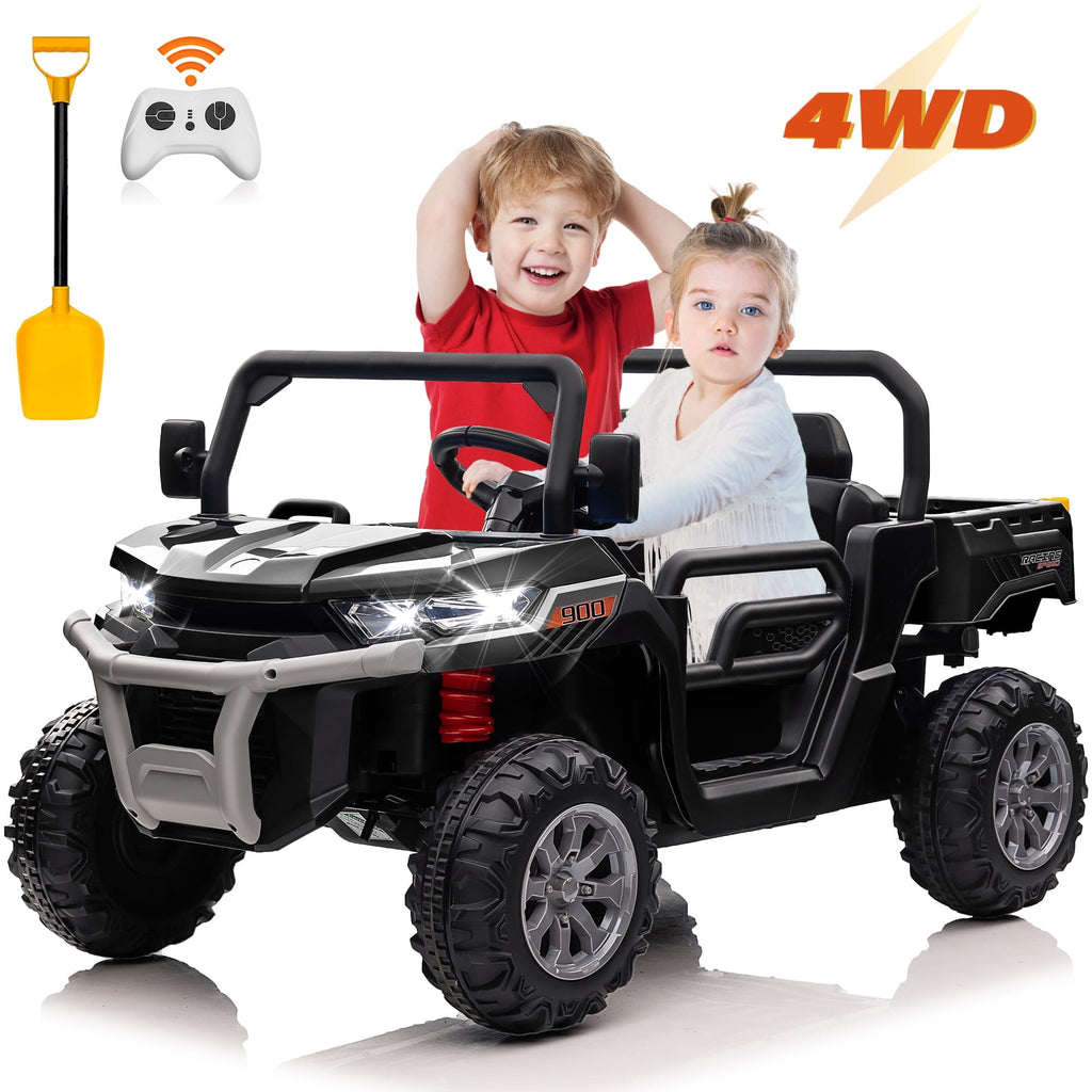 24V Ride on Dump Truck with Remote Control, 4WD Electric Car for Big Kids, 2 Seater 4*200W Motor Ride on Toy, Shovel, Music, Kids Gift, Black