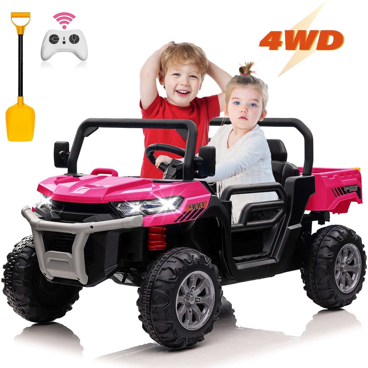 24V Ride on Dump Truck with Remote Control, 4WD Electric Car for Big Kids, 2 Seater 4*200W Motor Ride on Toy, Shovel, Music, Kids Gift, Black
