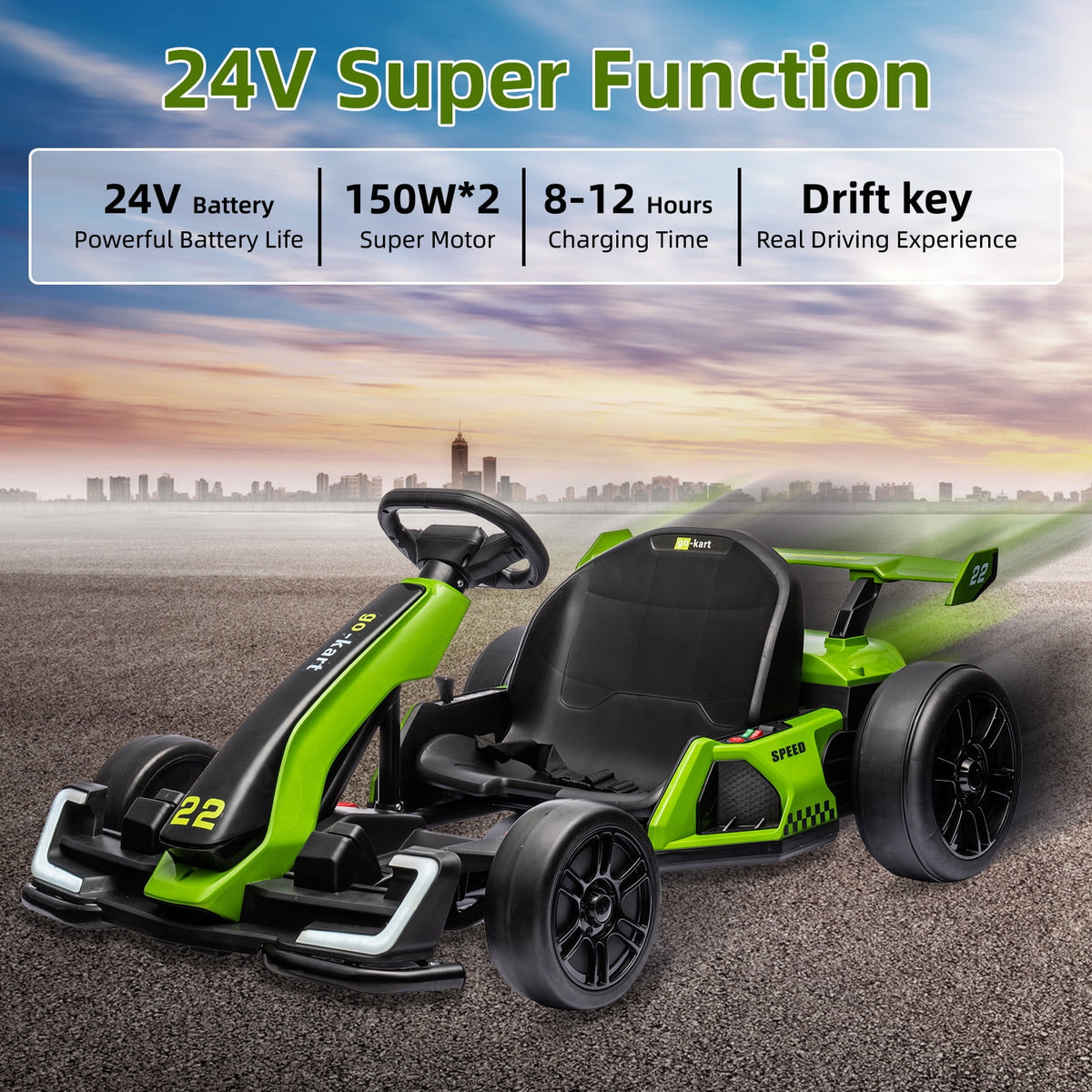24V Kids Electric Go Kart, 300W Drift Ride-On Car with Dual 150W Motors - Adjustable Seat, 4 Speed Modes, 8.5mph Max, LED Lights, Music & Horn, Safety Belt, Outdoor Racing Toy - Red