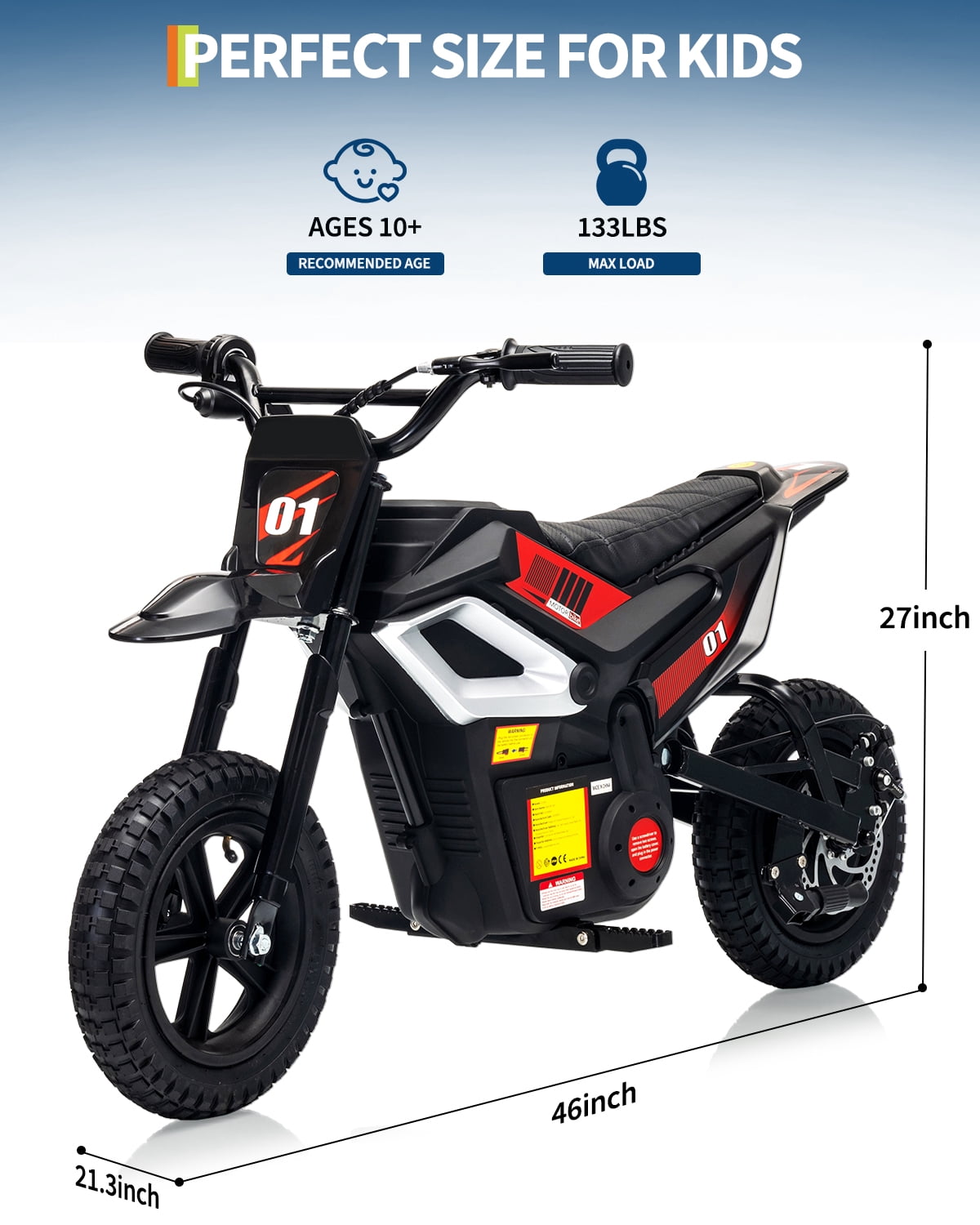 24V Kids Electric Dirt Bike, 350W Battery Powered Motorcycle with 12 Inch Fat Tires Rear Suspension Twist Throttle for Teens