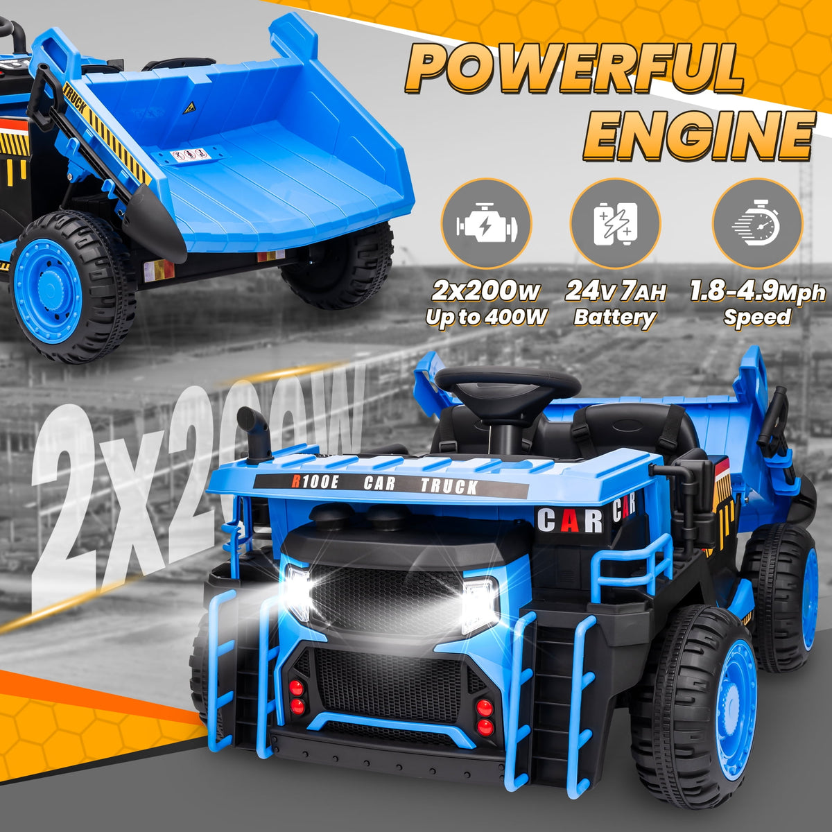 Funride 24V Ride on Toys 2 Seater Ride on Dump Truck w/ Remote Control w/ Dump Bed, 3 Speeds, Shovel, Bluetooth/Music, Big Kids, Yellow