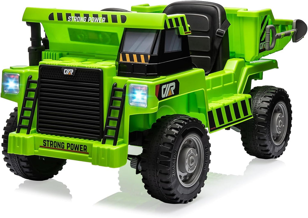 12V Electric Ride-On Dump Truck, Dual 35W Motors, 11 Inch Wear-Resistant Tires, Remote & Manual Dual Modes, Auto Lifting Dump Bed, Bluetooth Music & USB Port, 66 LBS Max Load,Green