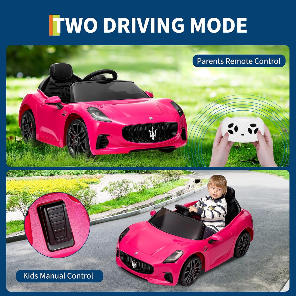 12V Licensed Maserati Ride-On Electric Car, Remote Control, 4.5Ah Battery, LED Lights, Spring Suspension, Double Doors, USB, FM Radio, 2-3 MPH