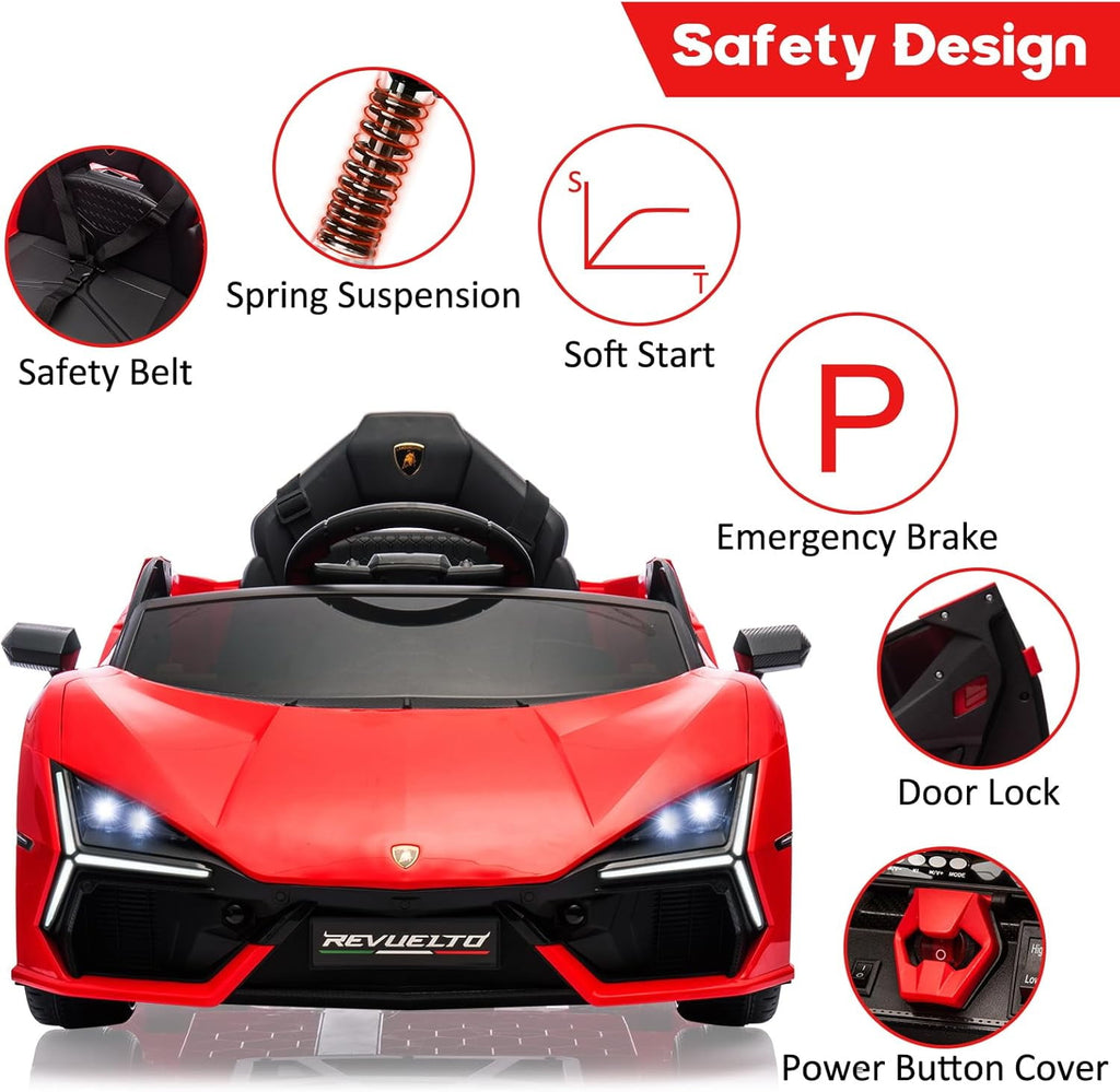 12V Licensed Lamborghini Revuelto Ride-On Electric Sports Car, Dual 25W Motors, Remote Control, Bluetooth, LED Headlights, Music, 1-2 MPH