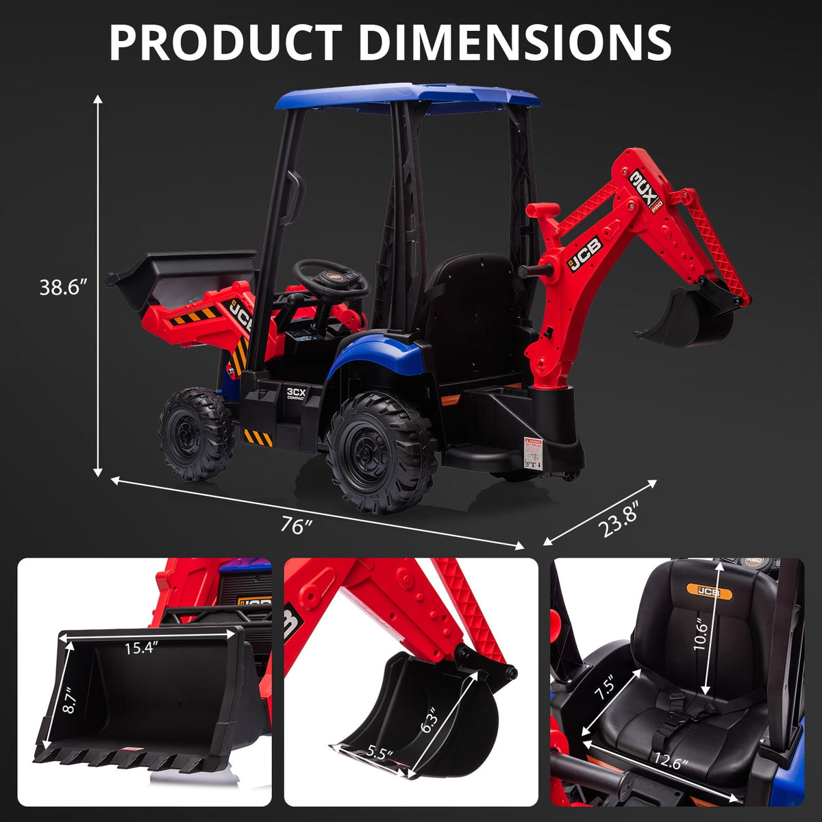 4 in 1 Ride on Excavator & Bulldozer, 12V Kids Electric Vehicle with Remote Control, Front Loader, Digger, Horn, Adjustable Seat, Excavator Ride on Car Toy, White