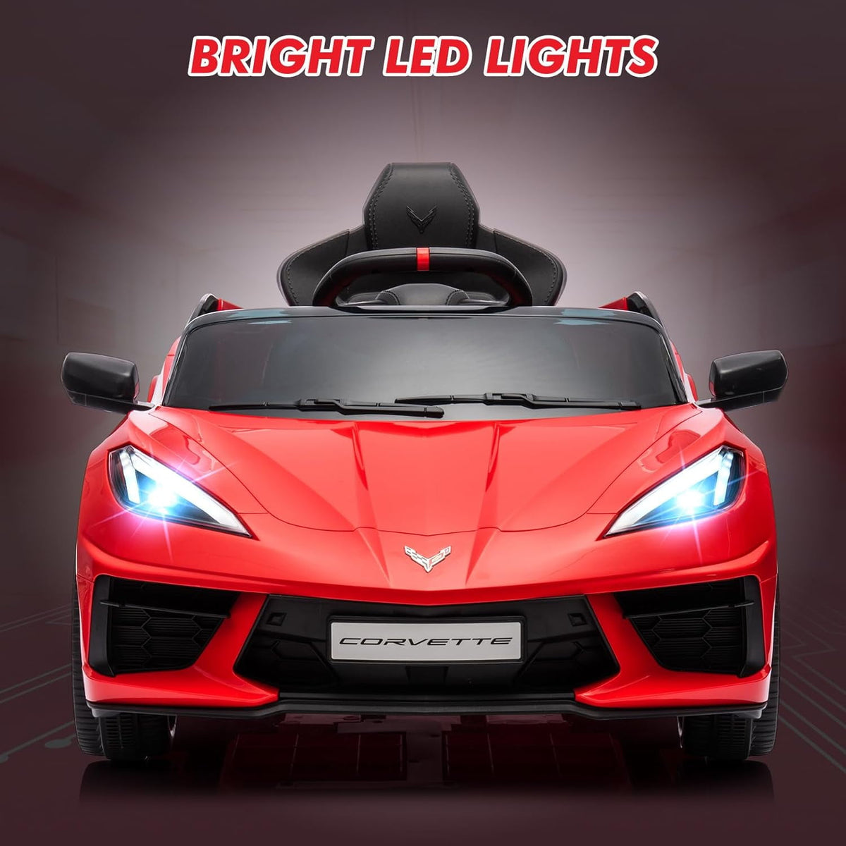 12V Licensed Corvette C8 Ride-On Electric Sports Car, Dual 30W Motors, Remote Control, LED Lights, Music, Openable Doors, 66 lbs