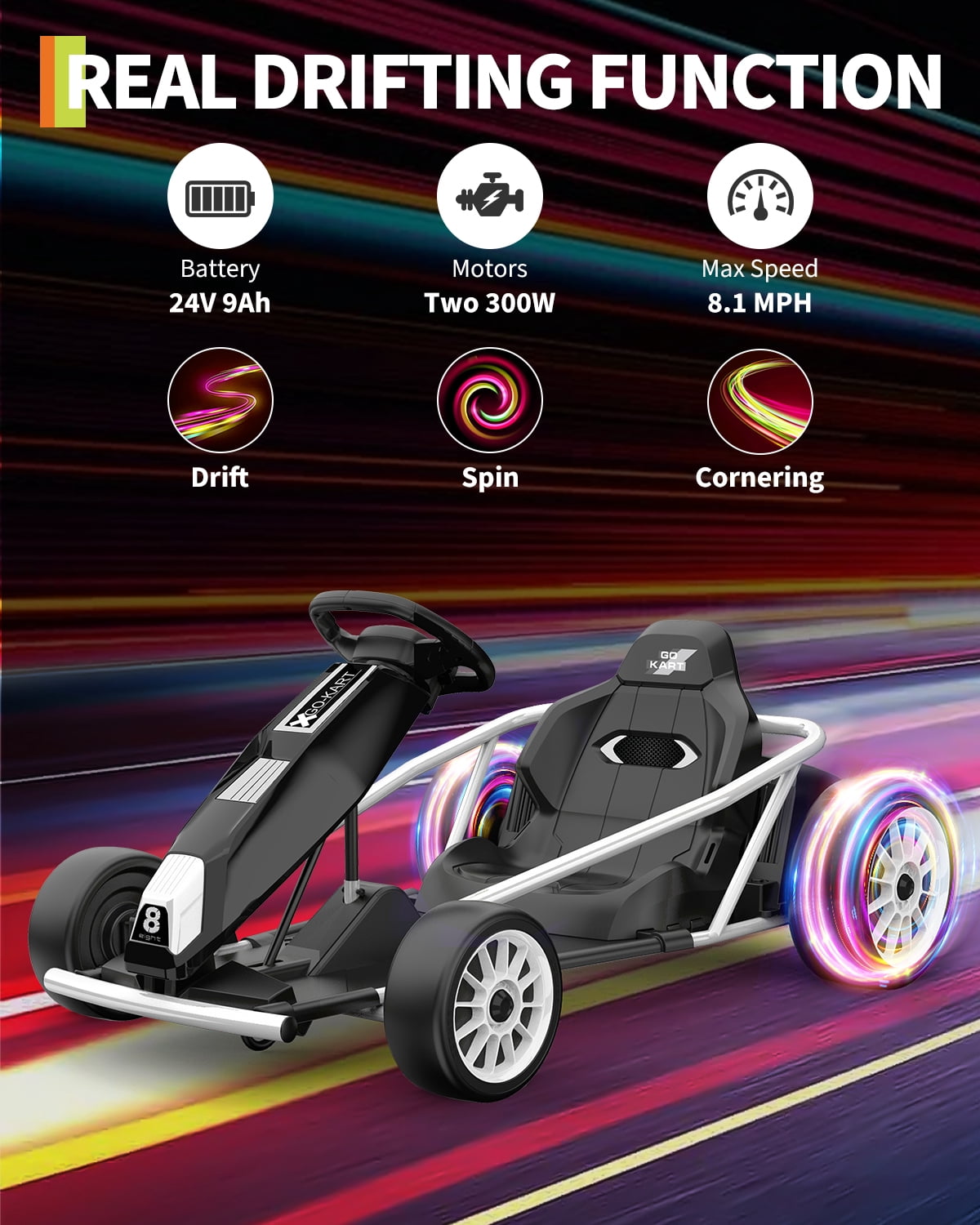 24V Electric Go Kart for Kids 8-12 - Dual 300W Motors, 9Ah Battery, 8MPH High-Speed Drifting, Slow Start, Full Metal Frame, Music, Horn, Power Display, Max Load 155Lbs, Ride-On Toy - Brown