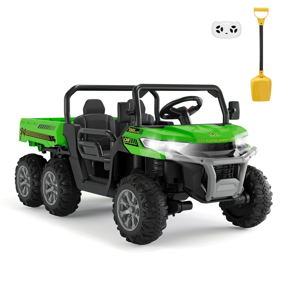 24V 2-Seater 6-Wheel Electric Dump Truck Ride-On for Kids – 4WD UTV Car, Remote Control, Electric Dump Bed, Music, Horn, Industry Standard/CPSIA Certified, Power Ride-On Toy for Boys & Girls