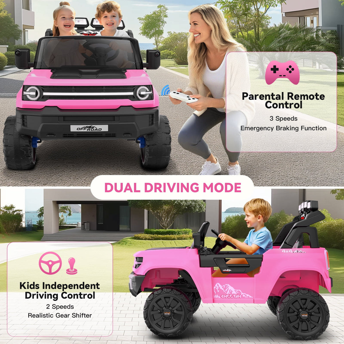 Farmdex 24V Ride on Toys with Remote Control, 2 XL Seater Electric Truck Car for Kids w/ 22'' Large Seat, 4WD/2WD Switchable, Powered Ride on Cars w/ Bluetooth, LED Lights, 3 Speeds, 4 x 200W, Pink