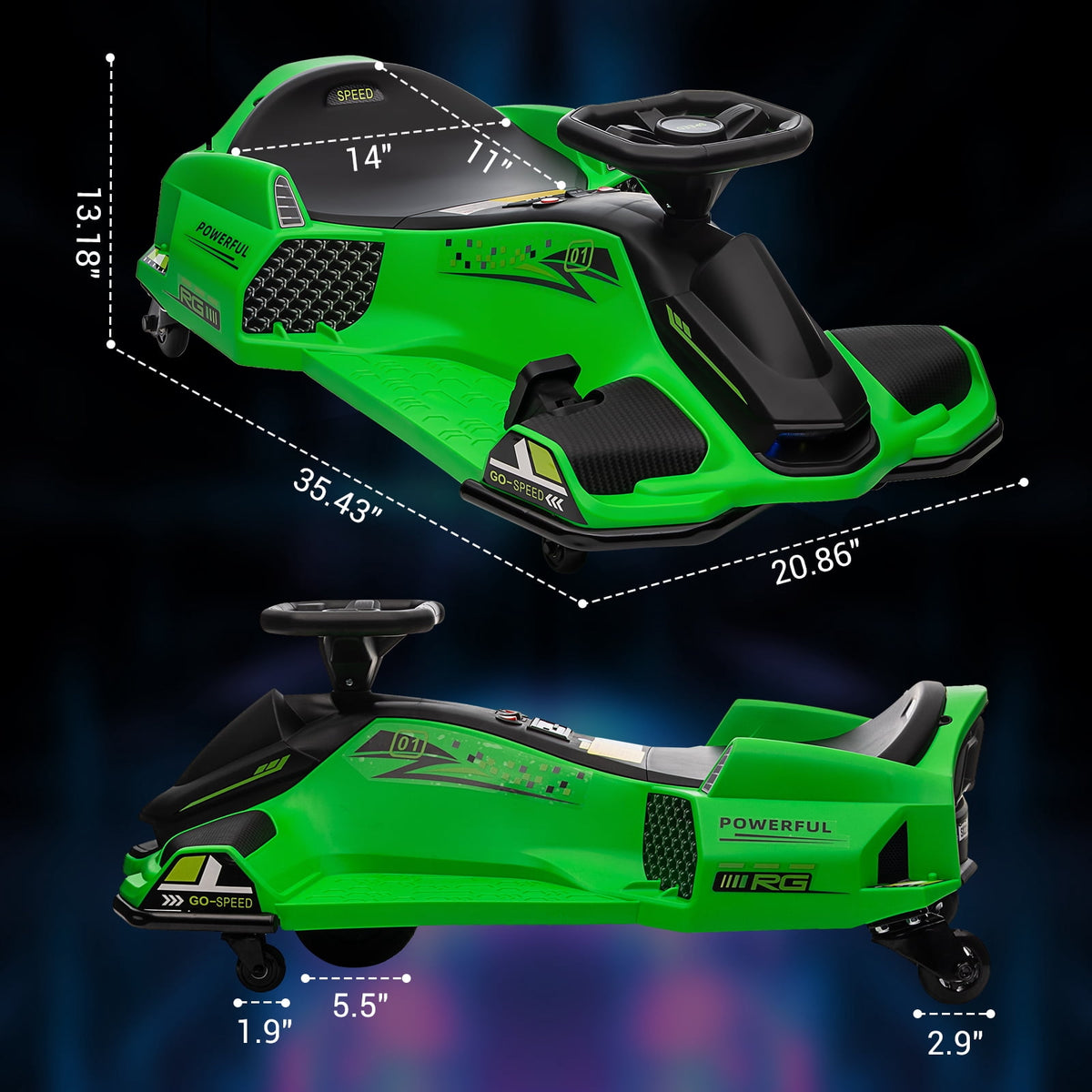 Ride On Drift Kart, Go Kart, Electric Go Kart 24V Drift Kart - 180W Brushless Motor, 7.5 mph Variable Speed, LED Light, Soft Start Battery Powered for Kids 8-12