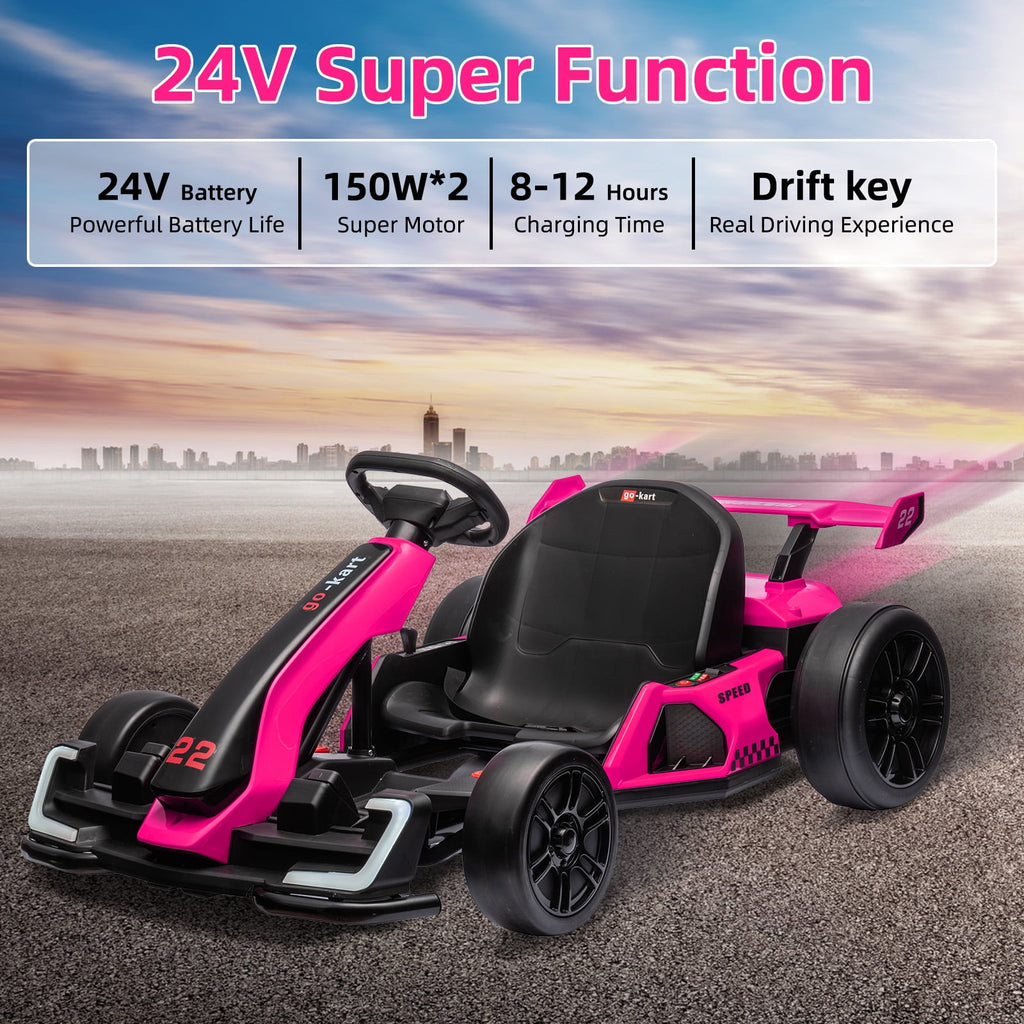 24V Kids Electric Go Kart, 300W Drift Ride-On Car with Dual 150W Motors - Adjustable Seat, 4 Speed Modes, 8.5mph Max, LED Lights, Music & Horn, Safety Belt, Outdoor Racing Toy - Red