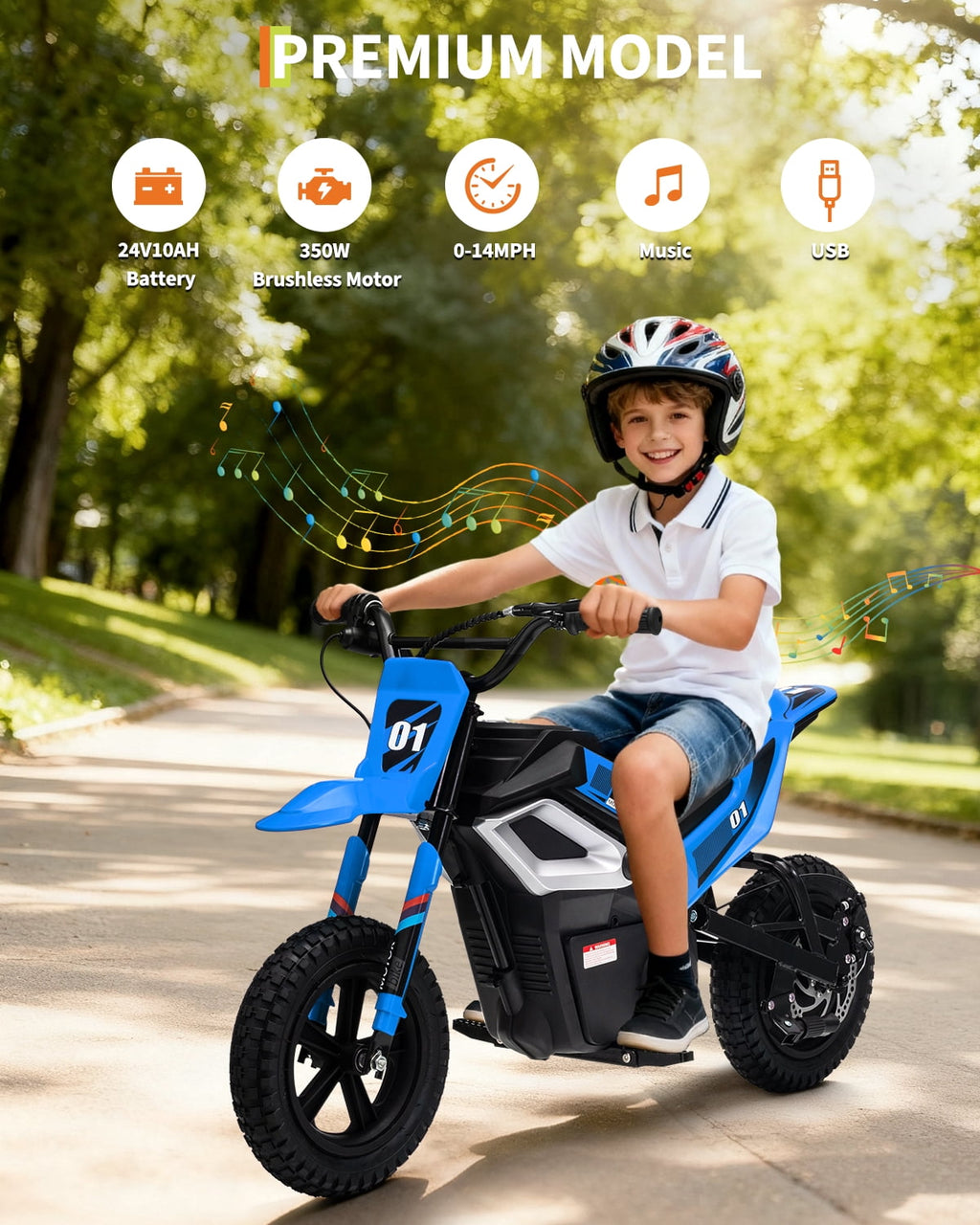 24V Kids Electric Dirt Bike, 350W Battery Powered Motorcycle with 12 Inch Fat Tires Rear Suspension Twist Throttle for Teens