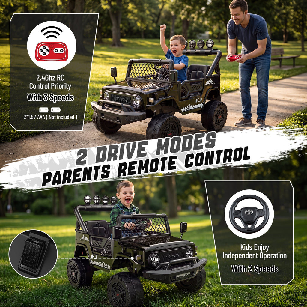 Officially Licensed Toyota FJ Ride On Toys 24V 800W, 4WD Kids Power Car Wheels for Boys Girls, 2 Seater Electric Car with Remote Control, 4 Motors, Music, LED Lights, Green
