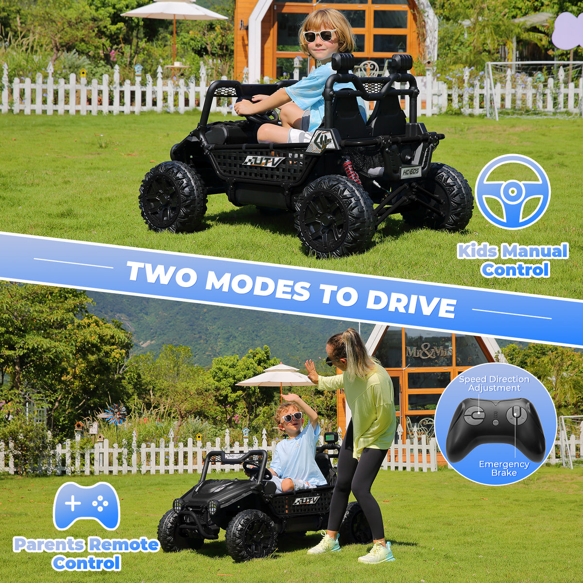 Farmdex 24V Ride on Car Truck, 2 Seater Electric UTV w/Remote Control, 21.5" Spacious Seat Ride on Toy for Kids Aged 3-10, Music, Storage, LED Light, Blue