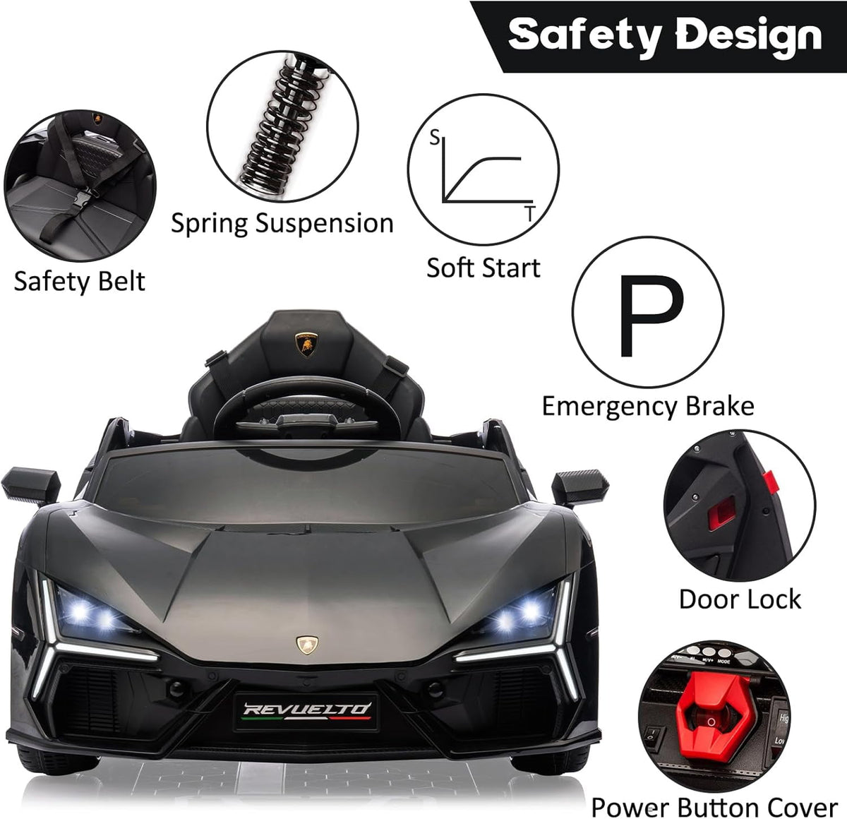 12V Licensed Lamborghini Revuelto Ride-On Electric Sports Car, Dual 25W Motors, Remote Control, Bluetooth, LED Headlights, Music, 1-2 MPH