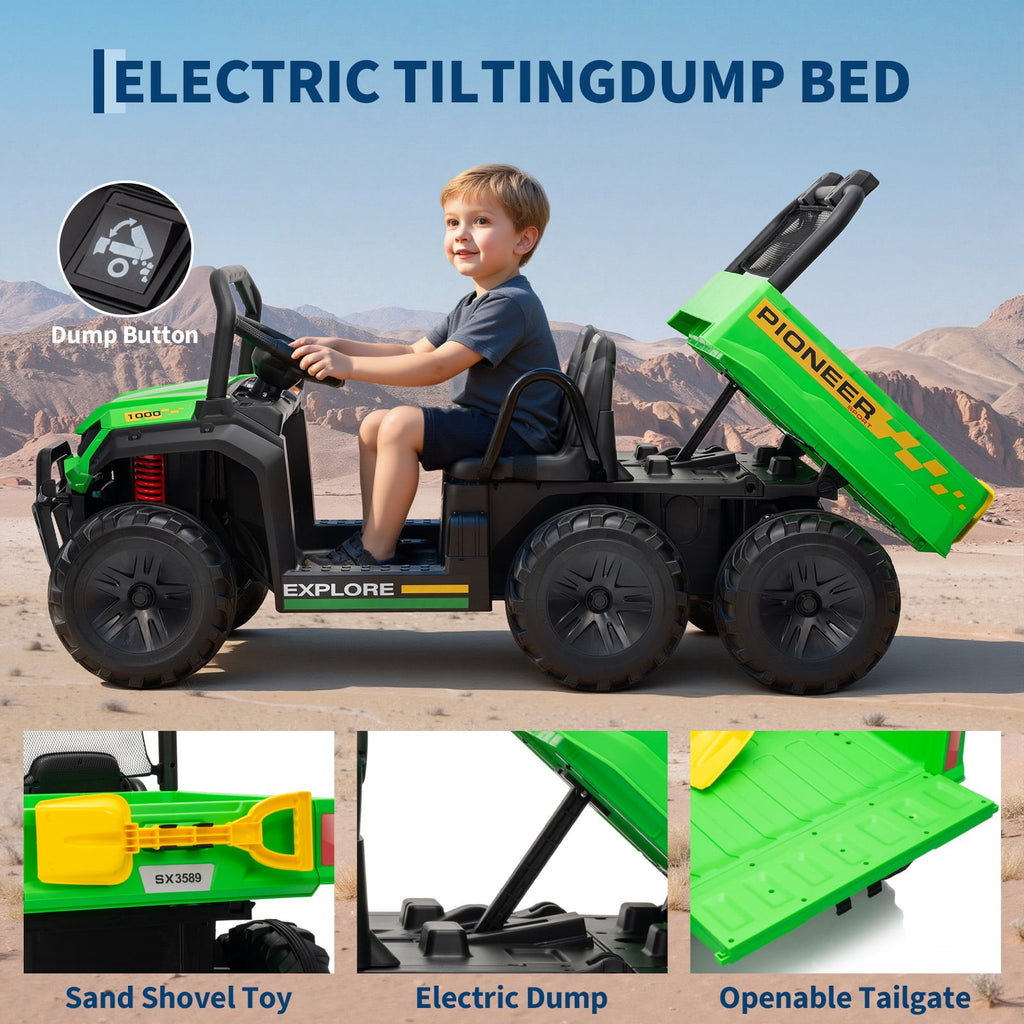 24V 4WD 2-Seater Kids Electric Ride-On Dump Truck – Remote Control, Working Dump Bed, 3 Speed Modes, Music Player, All-Terrain Off-Road Vehicle Toy for Boys & Girls Ages 3-8, Green